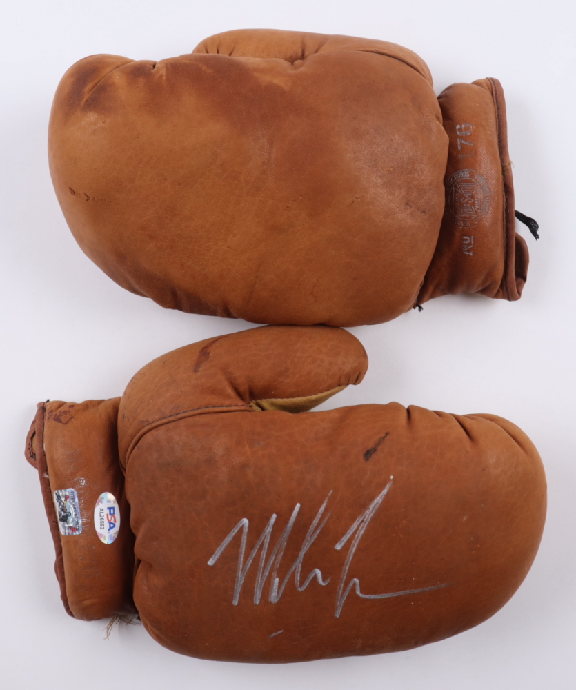 Mike Tyson Signed Vintage Pair of Goldsmith Boxing Gloves with Display