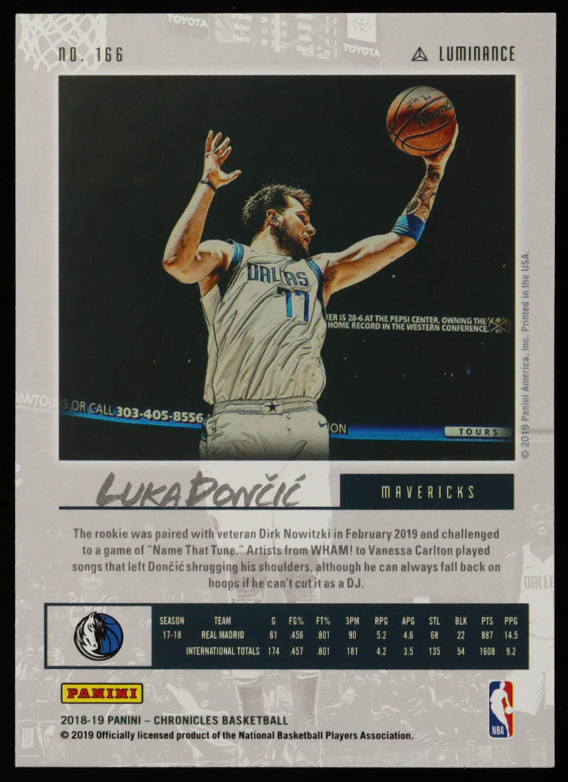 Luka Doncic 2018-19 Panini Chronicles #166 Luminance RC at PristineAuction.com Luka Doncic 2018-19 Panini Chronicles #166 Luminance RC at PristineAuction.com