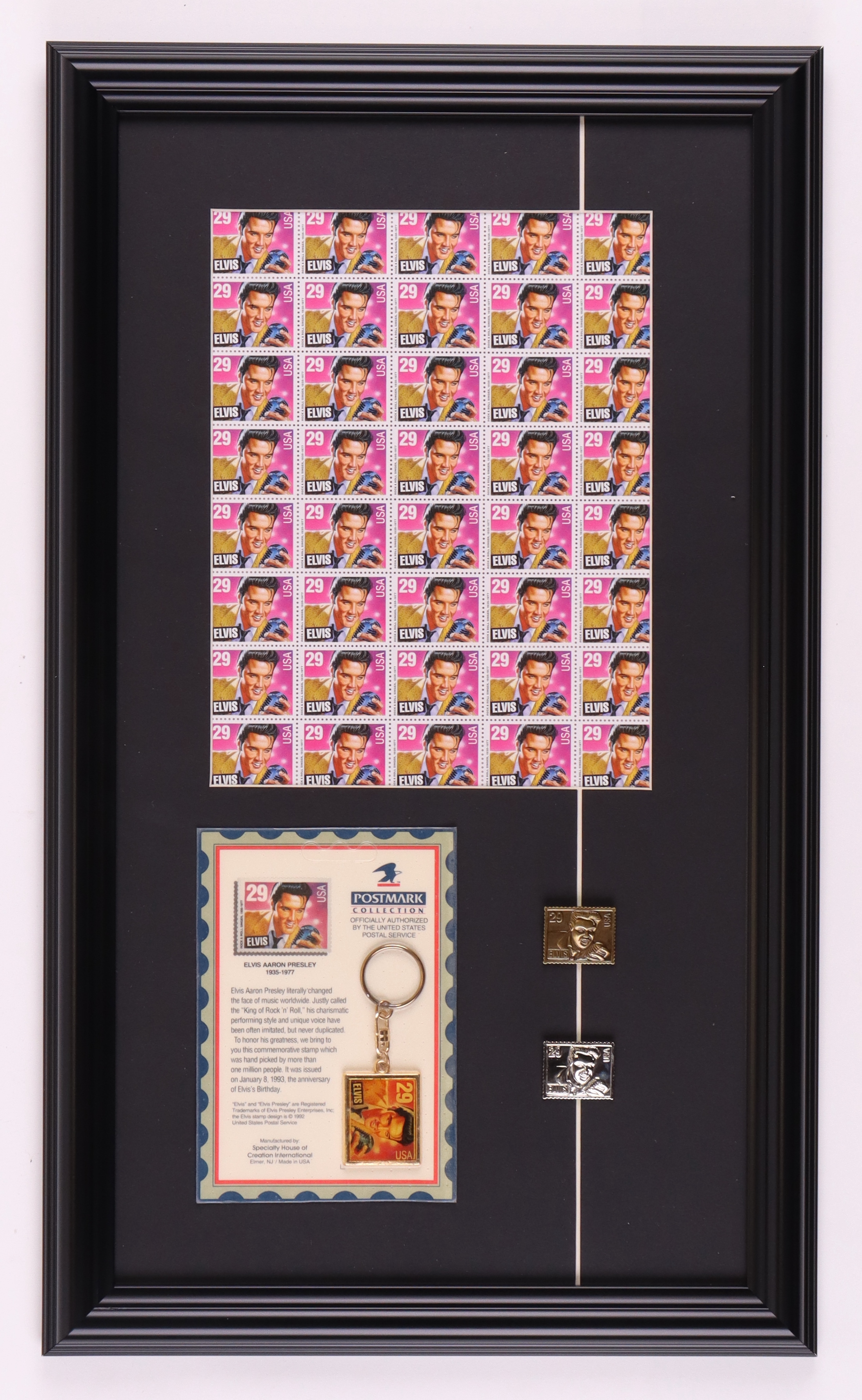 Elvis Presley Custom Framed Postage Stamp Sheet with (2) Metal Stamps & Vintage Keychain in Original Packaging at PristineAuction.com Elvis Presley Custom Framed Postage Stamp Sheet with (2) Metal Stamps & Vintage Keychain in Original Packaging at PristineAuction.com