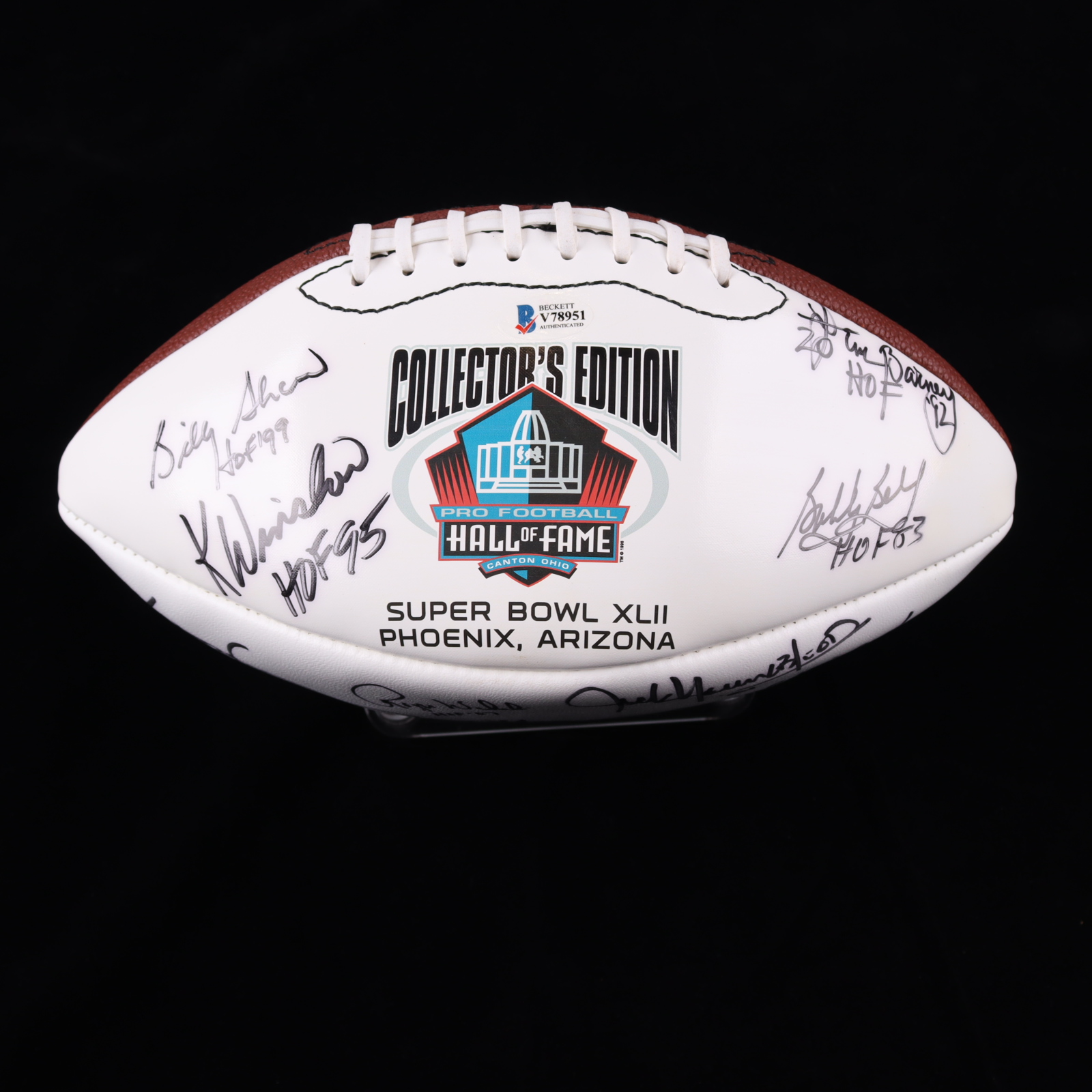 NFL Super Bowl XLII Hall of Famers Logo Football Signed by (18) with Roger Staubach, Jim Taylor, & Merlin Olsen (Beckett & Pro Football Hall of Fame) at PristineAuction.com NFL Super Bowl XLII Hall of Famers Logo Football Signed by (18) with Roger Staubach, Jim Taylor, & Merlin Olsen (Beckett & Pro Football Hall of Fame) at PristineAuction.com