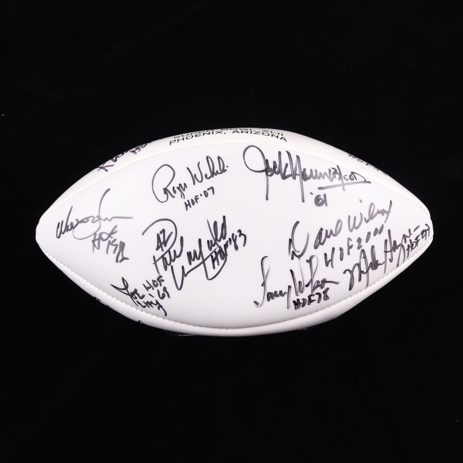NFL Super Bowl XLII Hall of Famers Logo Football Signed by (18) with Roger Staubach, Jim Taylor, & Merlin Olsen (Beckett & Pro Football Hall of Fame) at PristineAuction.com NFL Super Bowl XLII Hall of Famers Logo Football Signed by (18) with Roger Staubach, Jim Taylor, & Merlin Olsen (Beckett & Pro Football Hall of Fame) at PristineAuction.com