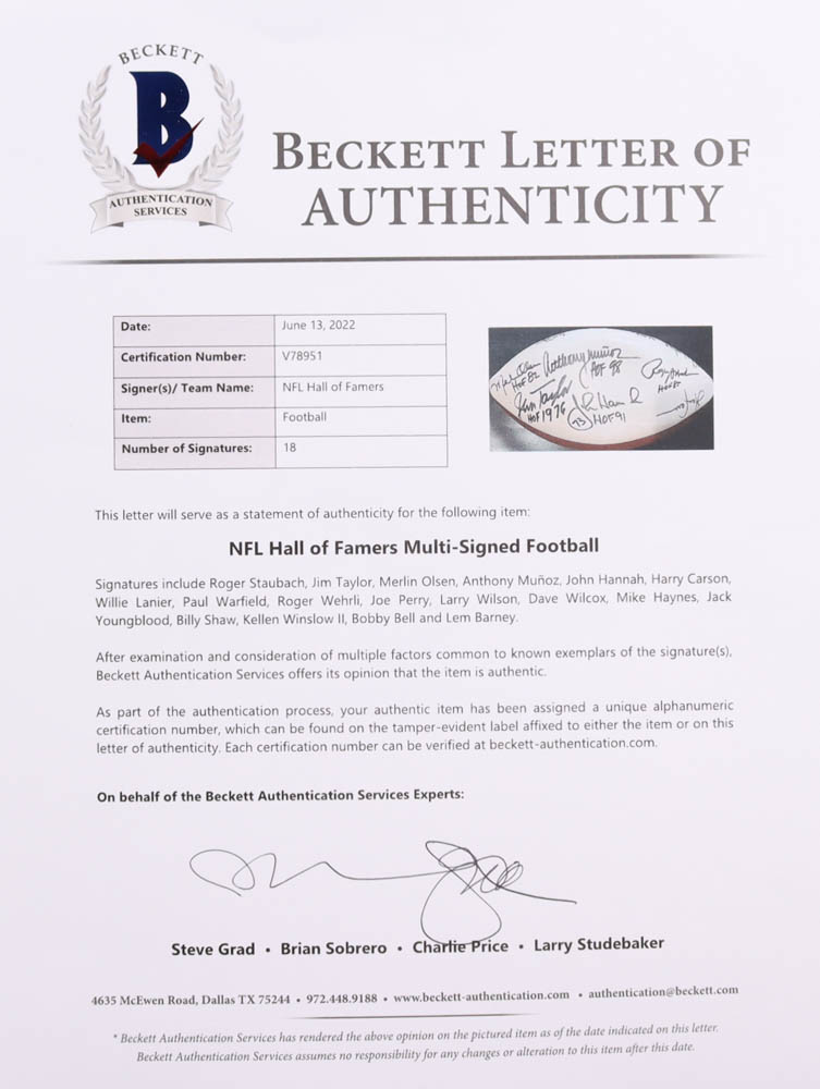 NFL Super Bowl XLII Hall of Famers Logo Football Signed by (18) with Roger Staubach, Jim Taylor, & Merlin Olsen (Beckett & Pro Football Hall of Fame) at PristineAuction.com NFL Super Bowl XLII Hall of Famers Logo Football Signed by (18) with Roger Staubach, Jim Taylor, & Merlin Olsen (Beckett & Pro Football Hall of Fame) at PristineAuction.com