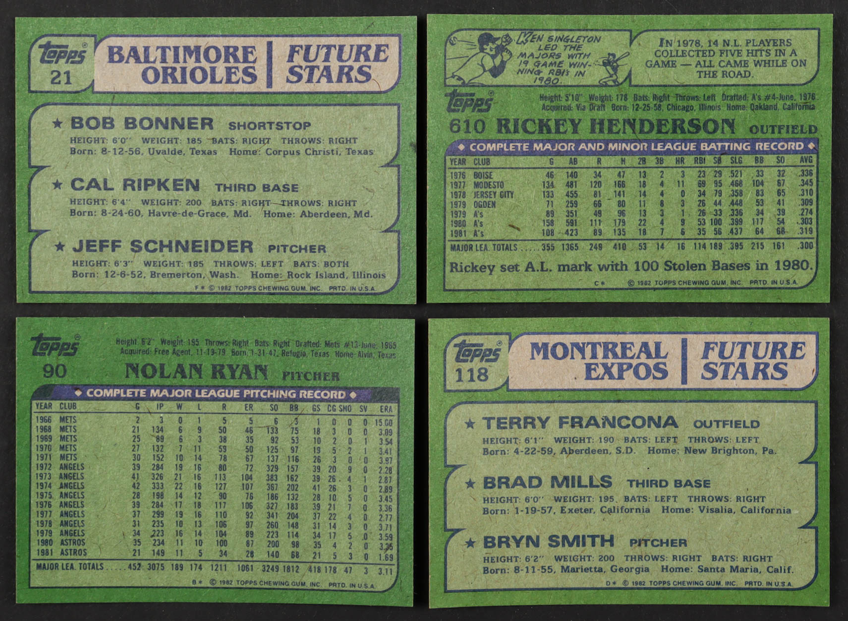 1982 Topps Baseball Complete Set of (792) cards with Bob Bonner RC / Cal Ripken RC / Jeff Schneider RC #21, Nolan Ryan #90, Terry Francona RC / Brad Mills RC / Bryn Smith RC #118 at PristineAuction.com 1982 Topps Baseball Complete Set of (792) cards with Bob Bonner RC / Cal Ripken RC / Jeff Schneider RC #21, Nolan Ryan #90, Terry Francona RC / Brad Mills RC / Bryn Smith RC #118 at PristineAuction.com