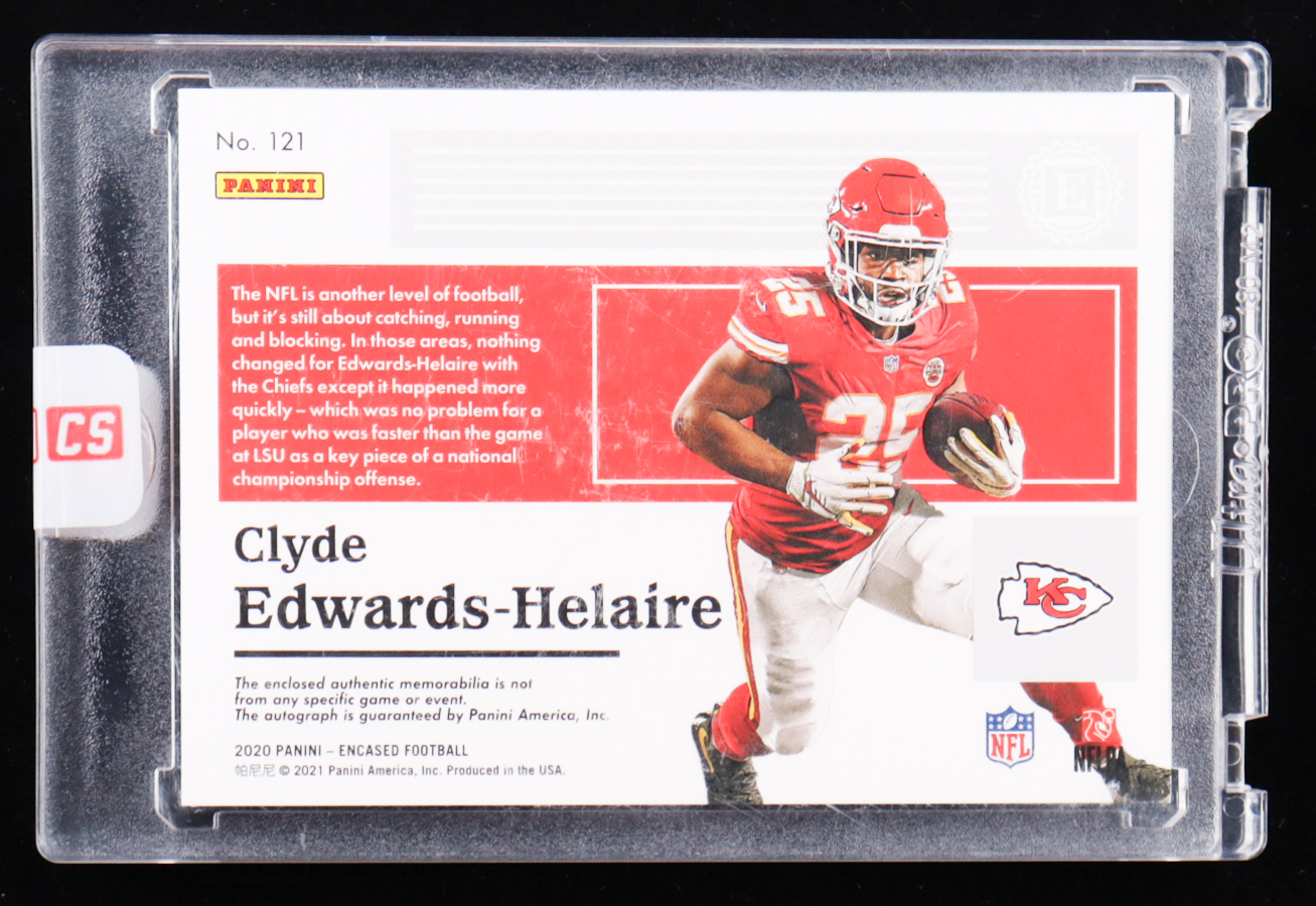 Clyde Edwards-Helaire 2020 Panini Encased Sapphire #121 HAT AU EXCH RC #13/25 at PristineAuction.com Clyde Edwards-Helaire 2020 Panini Encased Sapphire #121 HAT AU EXCH RC #13/25 at PristineAuction.com