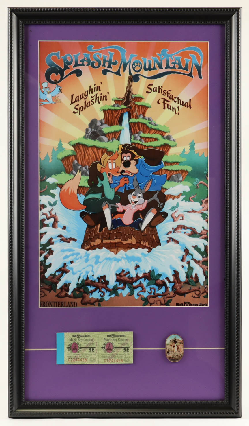 Disneyland Splash Mountain Custom Framed Poster with Vintage Ticket Booklet & Pin at PristineAuction.com Disneyland Splash Mountain Custom Framed Poster with Vintage Ticket Booklet & Pin at PristineAuction.com