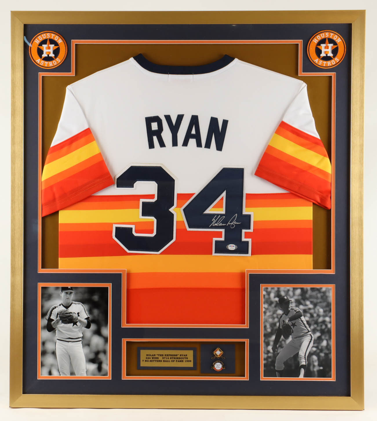 Nolan Ryan Signed Astros Custom Framed Jersey Display with Set of (2) HOF Induction Pins (PSA) at PristineAuction.com Nolan Ryan Signed Astros Custom Framed Jersey Display with Set of (2) HOF Induction Pins (PSA) at PristineAuction.com