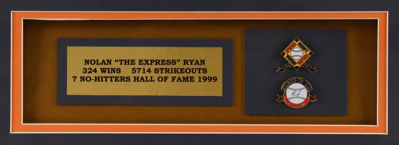 Nolan Ryan Signed Astros Custom Framed Jersey Display with Set of (2) HOF Induction Pins (PSA) at PristineAuction.com Nolan Ryan Signed Astros Custom Framed Jersey Display with Set of (2) HOF Induction Pins (PSA) at PristineAuction.com