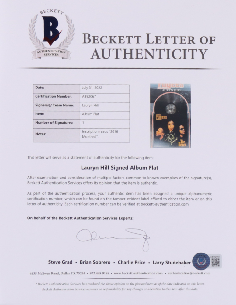 Lauryn Hill Signed "Fugees: The Score" Custom Framed Vinyl Record Album Display Inscribed "2016 Montreal" (Beckett) at PristineAuction.com Lauryn Hill Signed "Fugees: The Score" Custom Framed Vinyl Record Album Display Inscribed "2016 Montreal" (Beckett) at PristineAuction.com