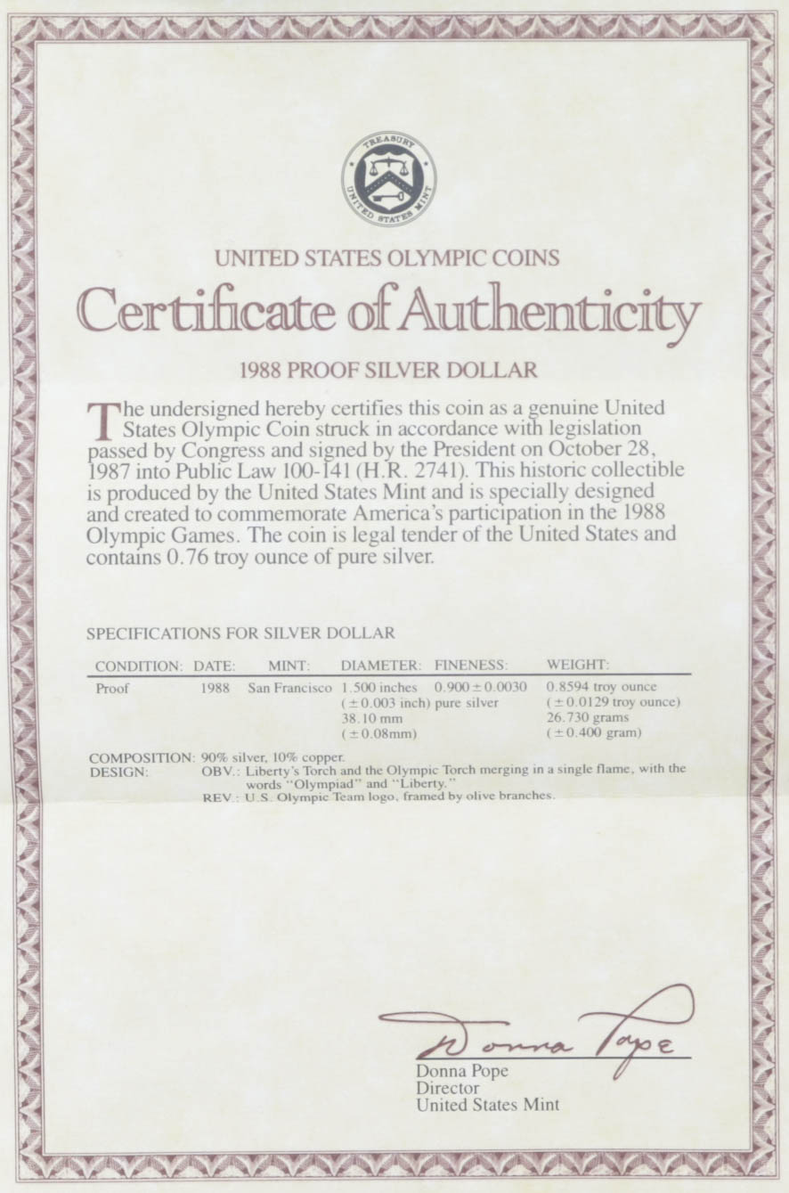 1988-S $1 One Dollar Olympiad Liberty Commemorative Silver Bullion Round at PristineAuction.com 1988-S $1 One Dollar Olympiad Liberty Commemorative Silver Bullion Round at PristineAuction.com