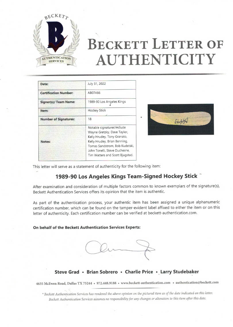 1989-90 Kings Easton Hockey Stick Team-Signed by (18) with Wayne Gretzky, Dave Taylor, Kelly Hrudey, Tony Granato (Beckett) at PristineAuction.com 1989-90 Kings Easton Hockey Stick Team-Signed by (18) with Wayne Gretzky, Dave Taylor, Kelly Hrudey, Tony Granato (Beckett) at PristineAuction.com