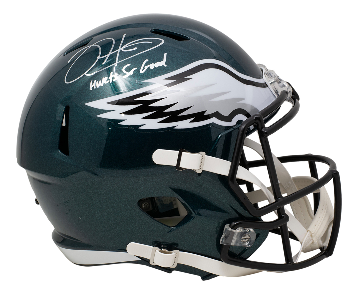 Jalen Hurts Signed Eagles Full-Size Speed Helmet Inscribed "Hurts So Good" (JSA) at PristineAuction.com Jalen Hurts Signed Eagles Full-Size Speed Helmet Inscribed "Hurts So Good" (JSA) at PristineAuction.com
