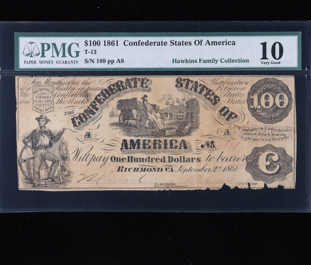 1861 $100 One Hundred Dollar Confederate States of America Currency Note (PMG 10) at PristineAuction.com 1861 $100 One Hundred Dollar Confederate States of America Currency Note (PMG 10) at PristineAuction.com