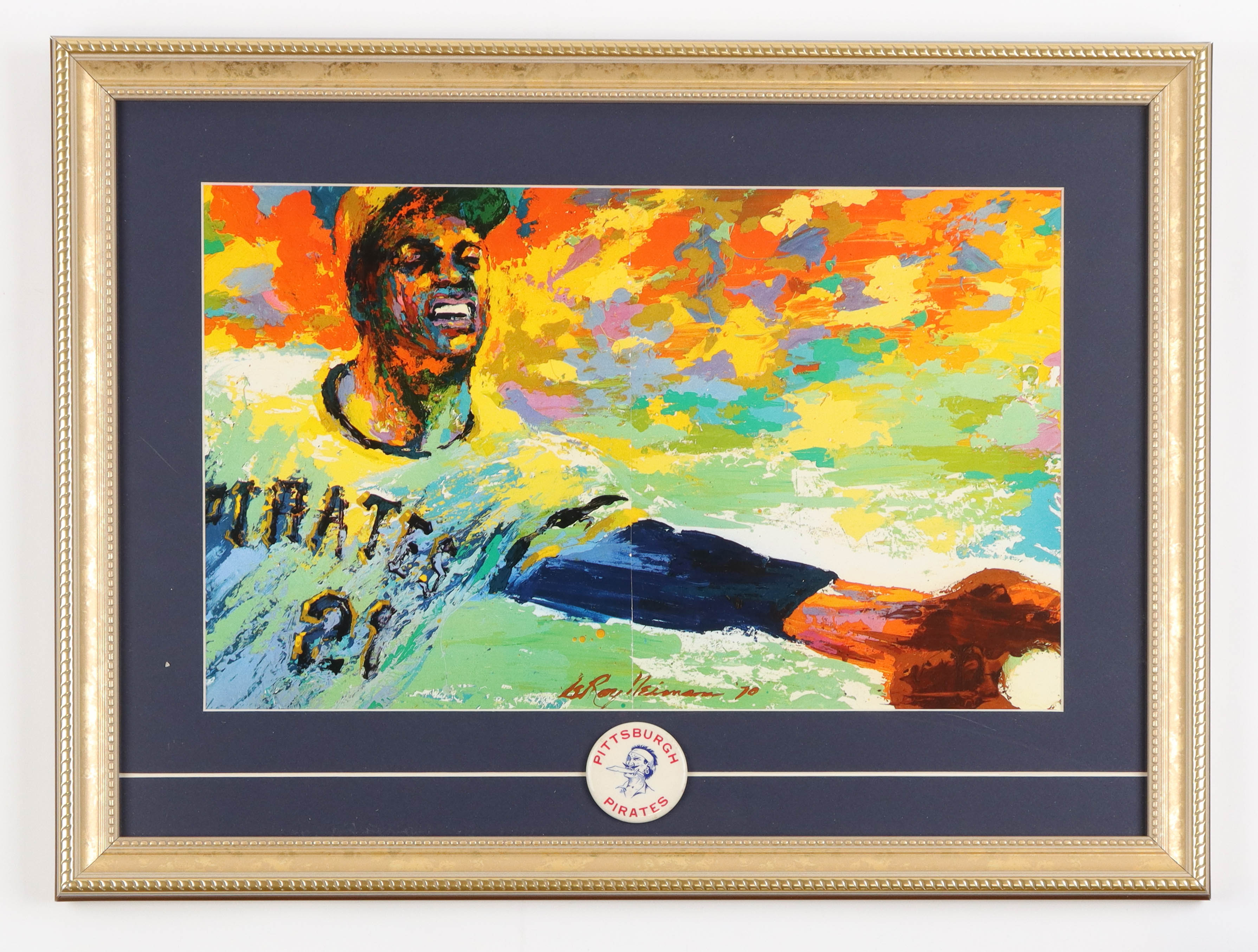 Leroy Neiman "Roberto Clemente" Custom Framed Print Display with Vintage Pirates Pin at PristineAuction.com Leroy Neiman "Roberto Clemente" Custom Framed Print Display with Vintage Pirates Pin at PristineAuction.com