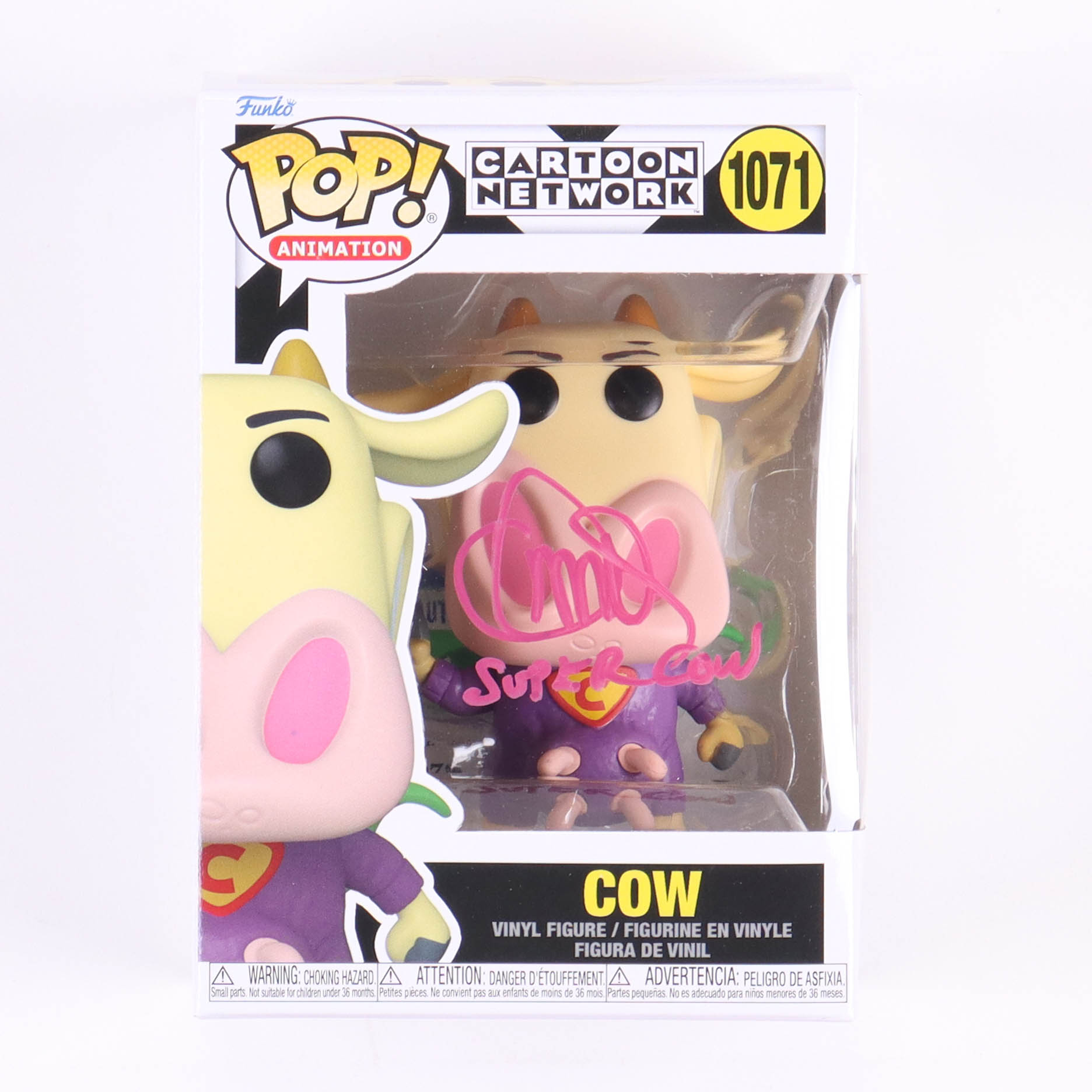 Charlie Adler Signed Pop! Animation "Cow And Chicken" #1071 Cow Funko Pop! Vinyl Figure Inscribed "Super Cow" (PSA) at PristineAuction.com Charlie Adler Signed Pop! Animation "Cow And Chicken" #1071 Cow Funko Pop! Vinyl Figure Inscribed "Super Cow" (PSA) at PristineAuction.com