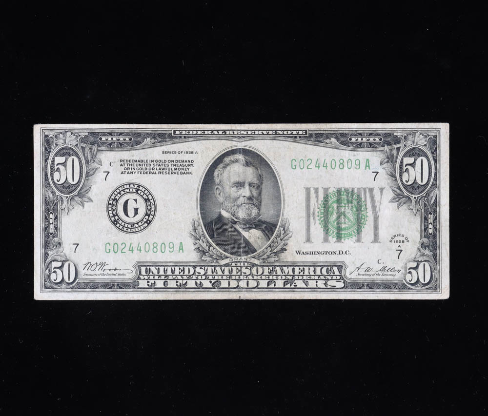 1928 $50 Fifty Dollar Green Seal U.S. Federal Reserve Note at PristineAuction.com 1928 $50 Fifty Dollar Green Seal U.S. Federal Reserve Note at PristineAuction.com