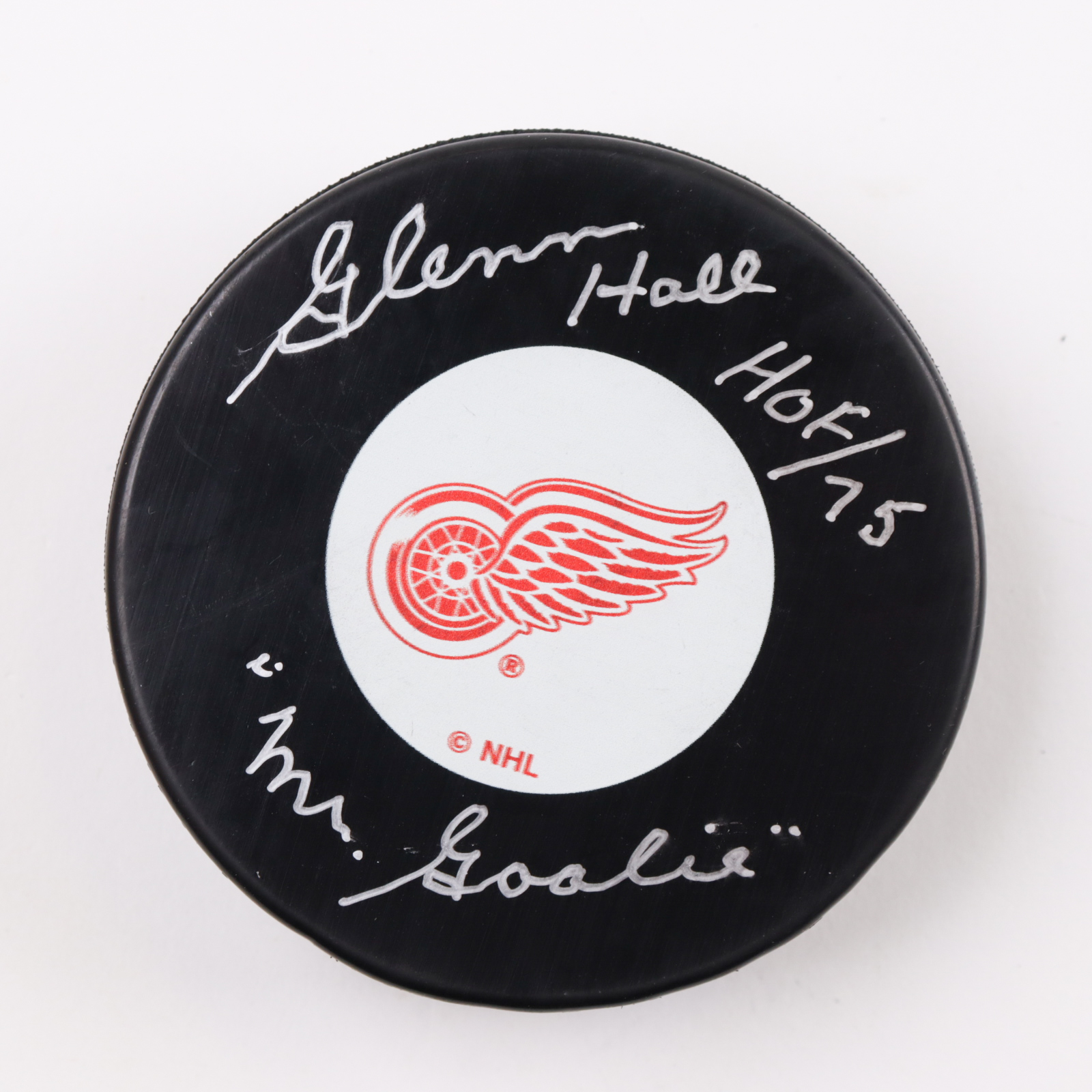 Glenn Hall Signed Blackhawks Logo Hockey Puck Inscribed "HOF / 75" & "Mr. Goalie" (COJO) at PristineAuction.com Glenn Hall Signed Blackhawks Logo Hockey Puck Inscribed "HOF / 75" & "Mr. Goalie" (COJO) at PristineAuction.com