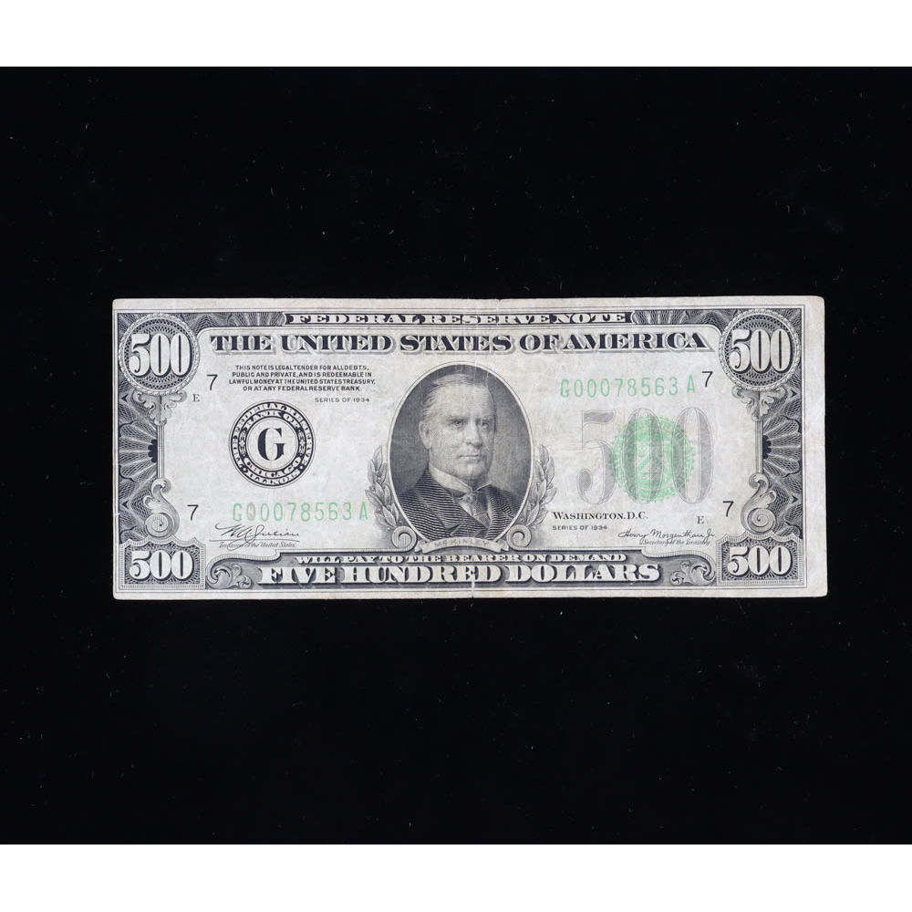 1934 $500 Five Hundred Dollar Green Seal U.S. Federal Reserve Note ...