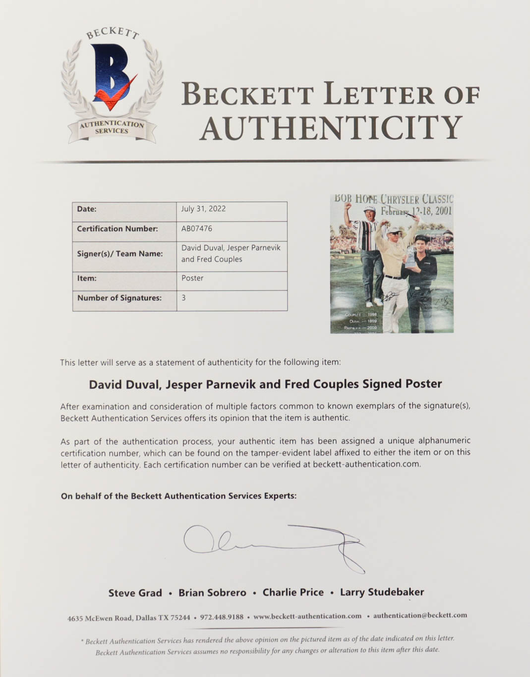 David Duval, Jesper Prnevik, & Fred Couples Signed 19x27 Hope Chrysler Classic Golf Poster (Beckett) at PristineAuction.com David Duval, Jesper Prnevik, & Fred Couples Signed 19x27 Hope Chrysler Classic Golf Poster (Beckett) at PristineAuction.com