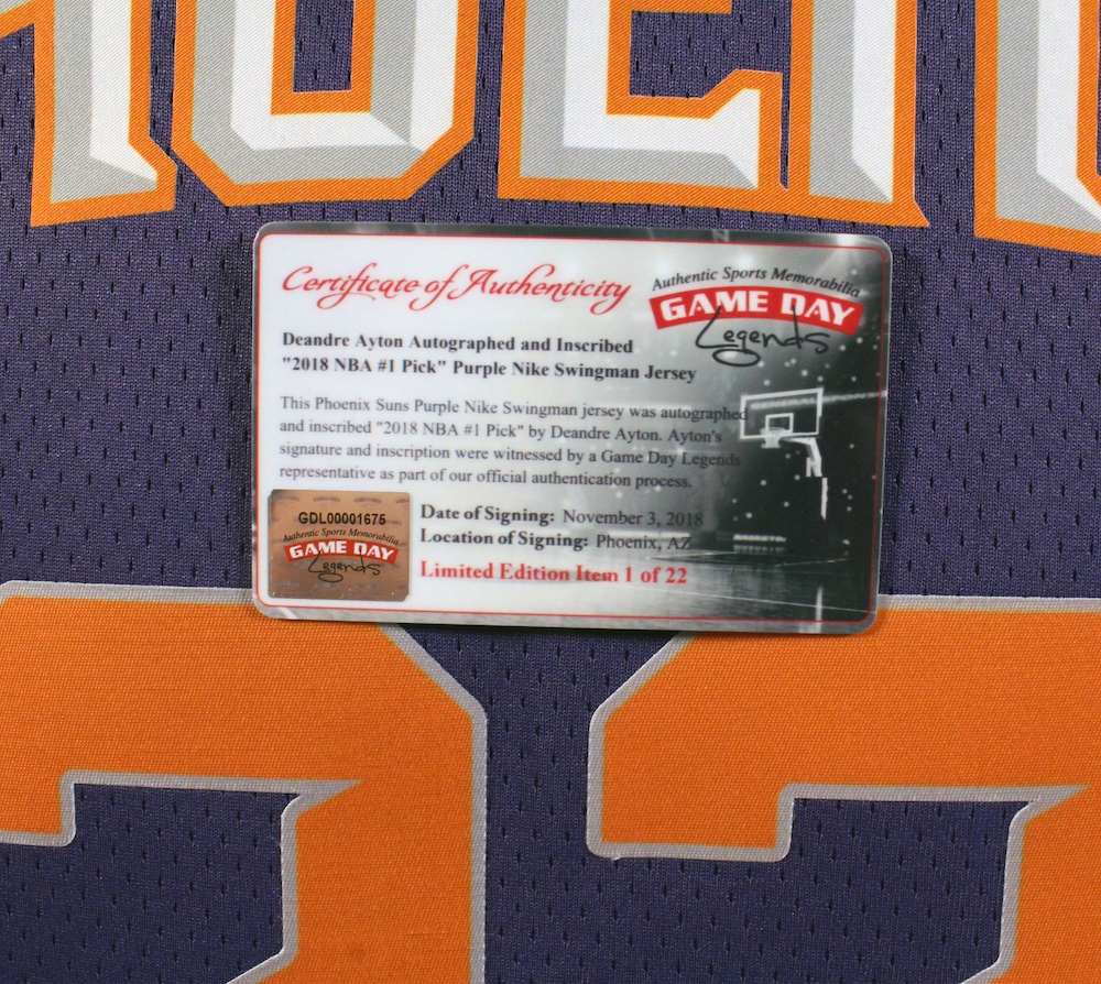 Deandre Ayton Signed LE Suns Jersey Inscribed "2018 NBA #1 Pick" (Game Day & Steiner) at PristineAuction.com Deandre Ayton Signed LE Suns Jersey Inscribed "2018 NBA #1 Pick" (Game Day & Steiner) at PristineAuction.com