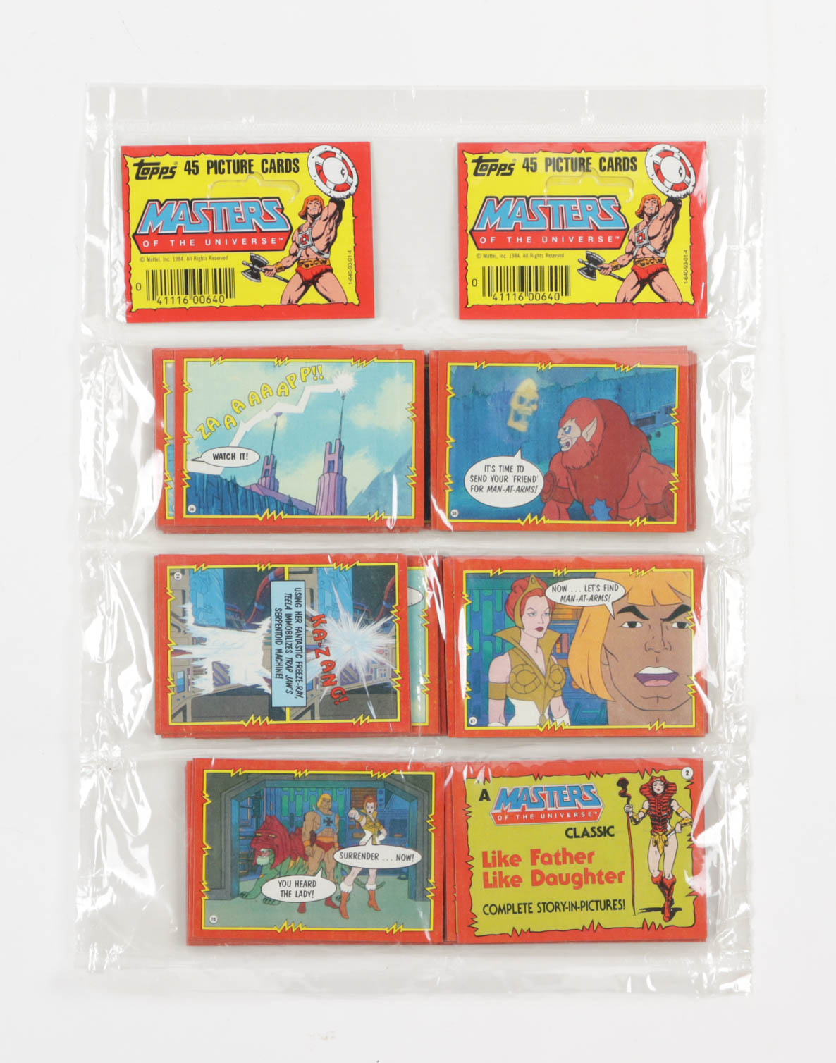 1984 Topps Masters of The Universe Double Rack Pack with (90) Cards at PristineAuction.com 1984 Topps Masters of The Universe Double Rack Pack with (90) Cards at PristineAuction.com