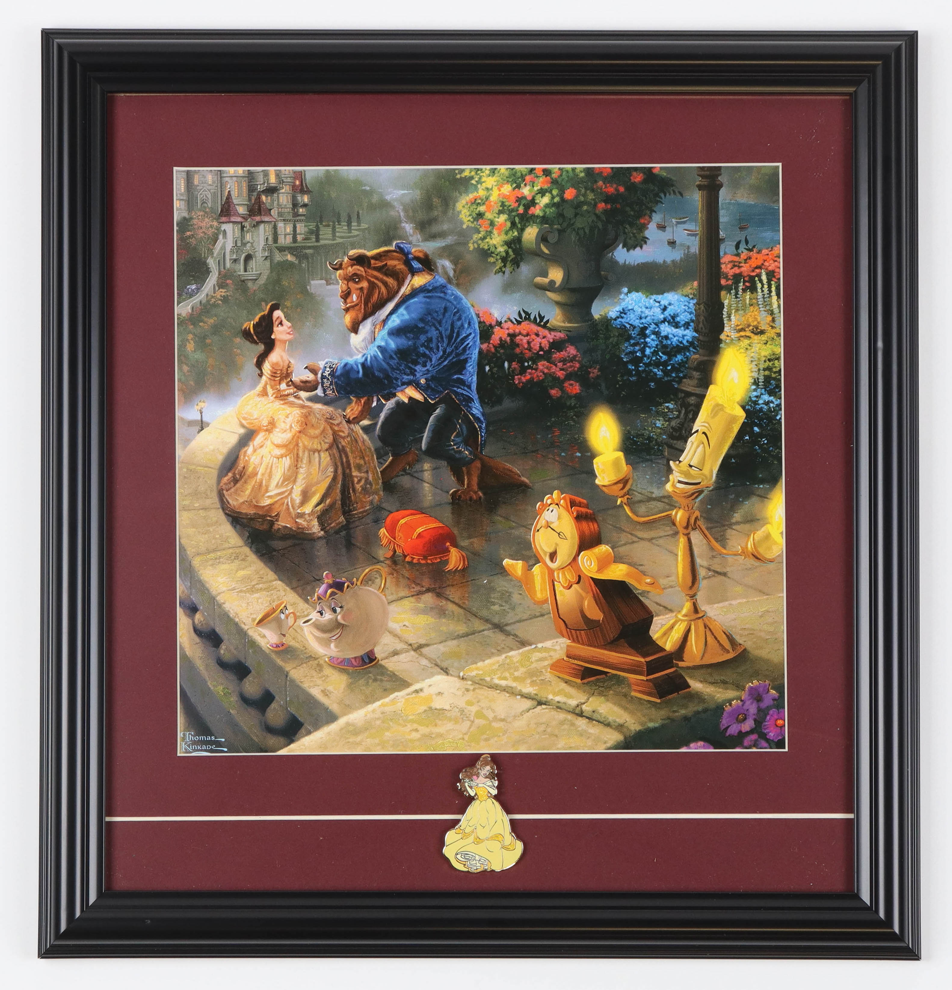 Thomas Kinkade "Beauty And The Beast" Custom Framed Print Display with Character Pin at PristineAuction.com Thomas Kinkade "Beauty And The Beast" Custom Framed Print Display with Character Pin at PristineAuction.com