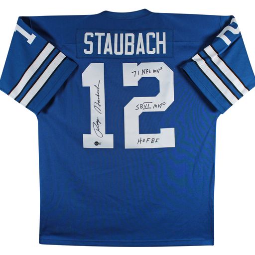 Roger Staubach Signed Cowboys Jersey with Inscribed "71 NFL MVP", "SB VI MVP" & "HOF 85" (Beckett) at PristineAuction.com Roger Staubach Signed Cowboys Jersey with Inscribed "71 NFL MVP", "SB VI MVP" & "HOF 85" (Beckett) at PristineAuction.com