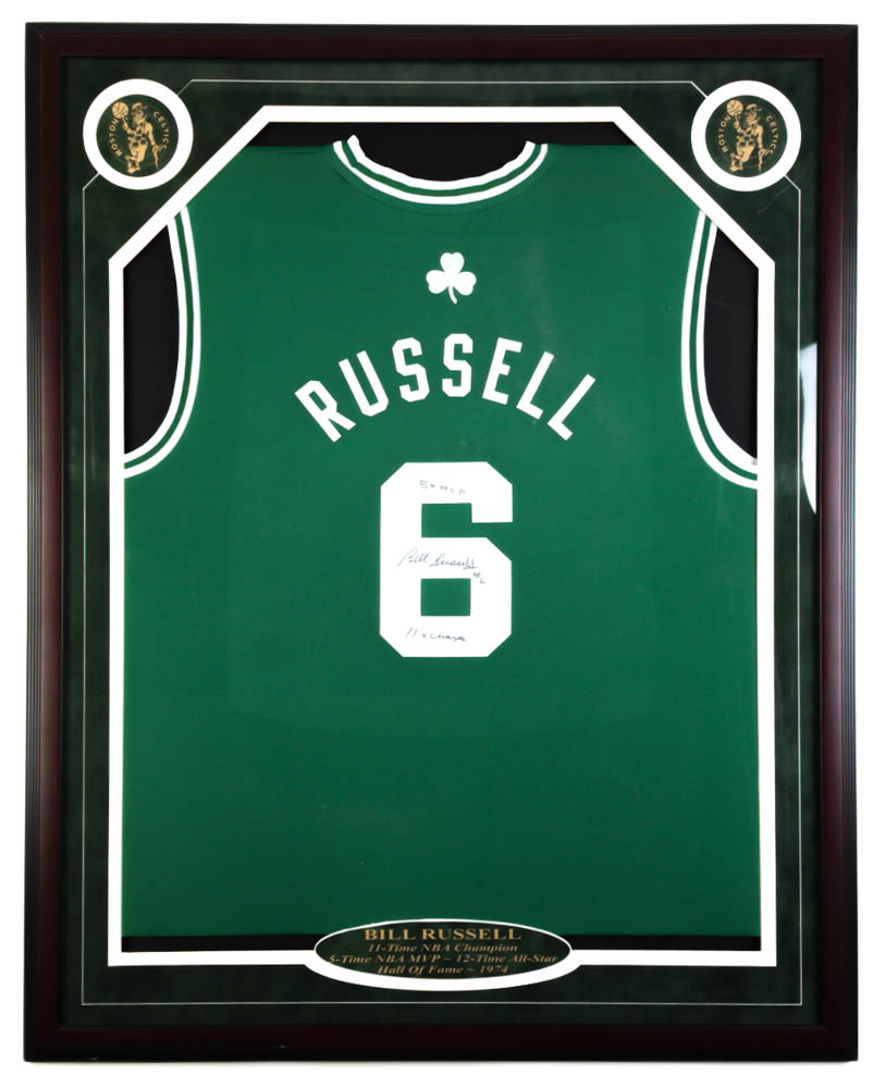 Bill Russell Signed Custom Framed Jersey Display Inscribed "5x MVP" & "11x Champs" (JSA) at PristineAuction.com Bill Russell Signed Custom Framed Jersey Display Inscribed "5x MVP" & "11x Champs" (JSA) at PristineAuction.com