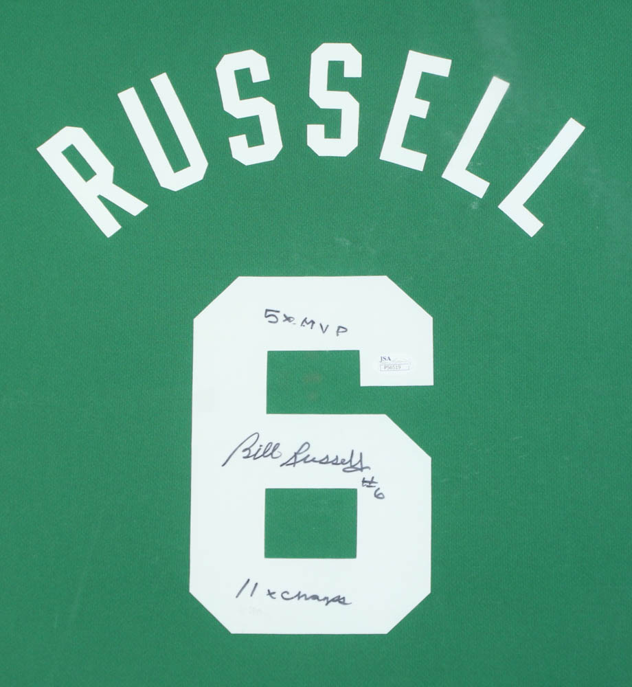 Bill Russell Signed Custom Framed Jersey Display Inscribed "5x MVP" & "11x Champs" (JSA) at PristineAuction.com Bill Russell Signed Custom Framed Jersey Display Inscribed "5x MVP" & "11x Champs" (JSA) at PristineAuction.com