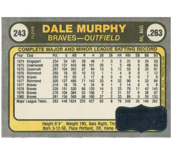 Dale Murphy Signed 1981 Fleer #243 (Radtke) at PristineAuction.com Dale Murphy Signed 1981 Fleer #243 (Radtke) at PristineAuction.com