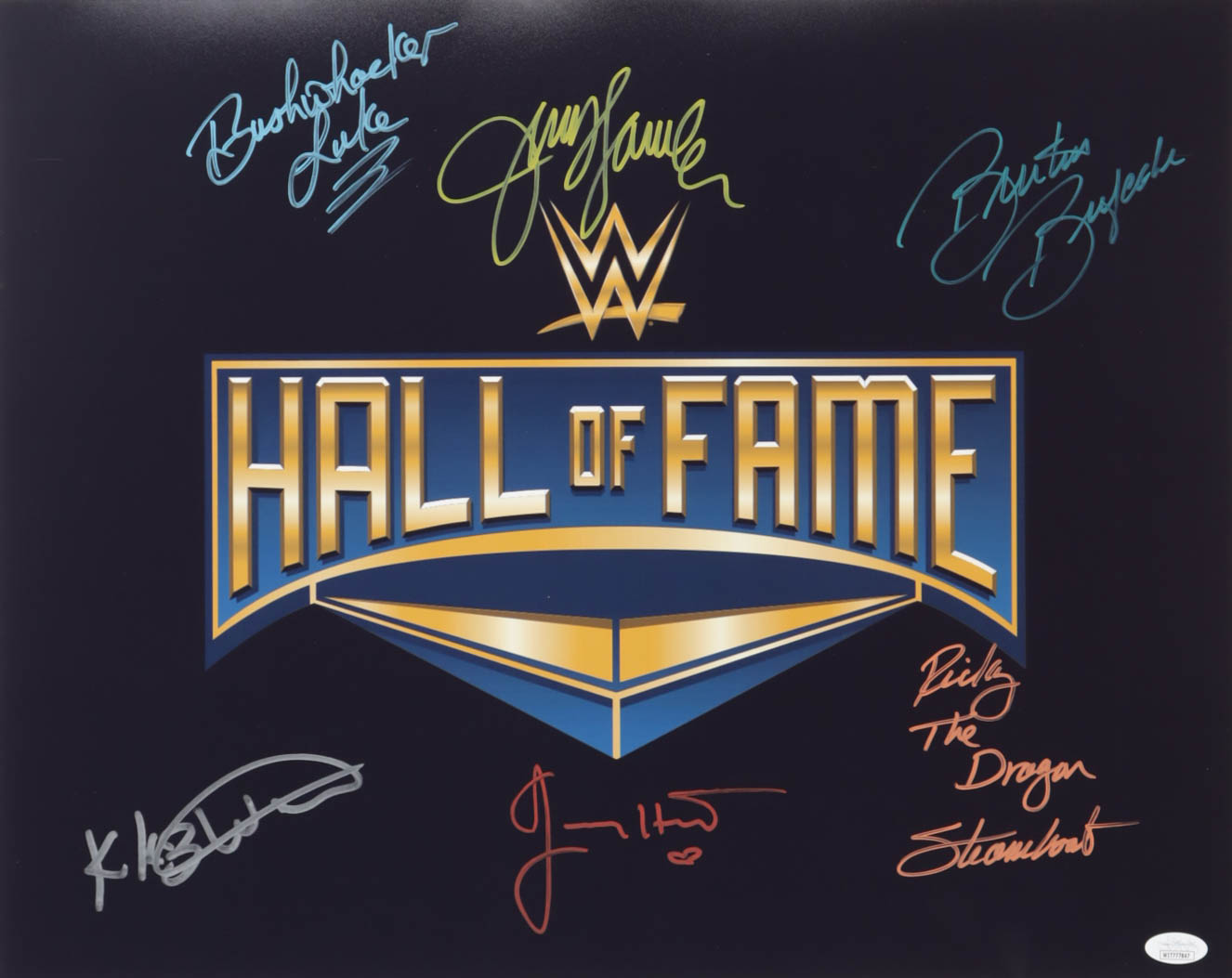 WWE Hall of Fame 16x20 Photo Signed by (6) with Jerry Lawler, Ricky "The Dragon" Steamboat, Jimmy Hart, Brutus Beefcake (JSA) at PristineAuction.com WWE Hall of Fame 16x20 Photo Signed by (6) with Jerry Lawler, Ricky "The Dragon" Steamboat, Jimmy Hart, Brutus Beefcake (JSA) at PristineAuction.com