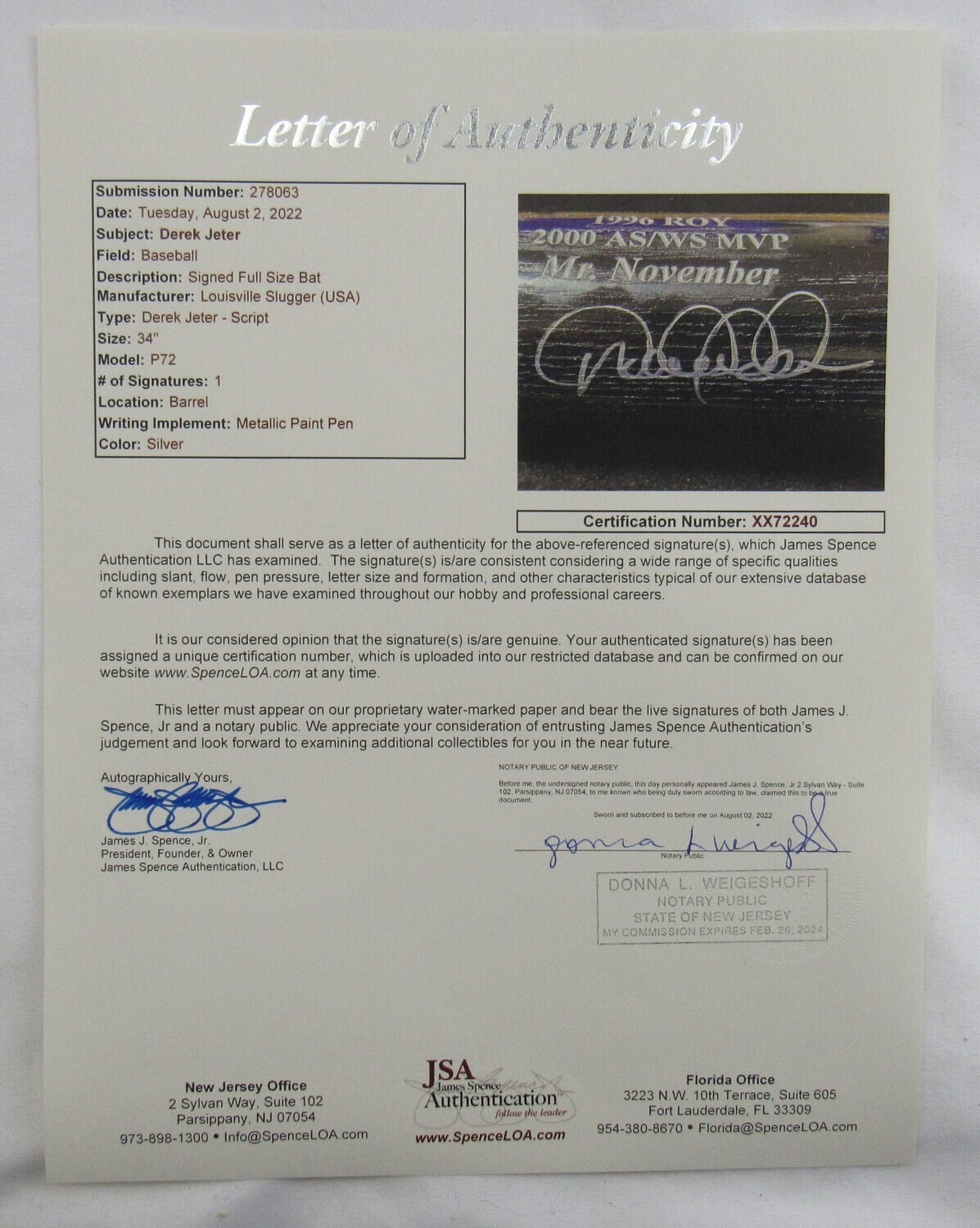 Derek Jeter Signed Louisville Slugger Baseball Bat (JSA & Steiner) at PristineAuction.com Derek Jeter Signed Louisville Slugger Baseball Bat (JSA & Steiner) at PristineAuction.com