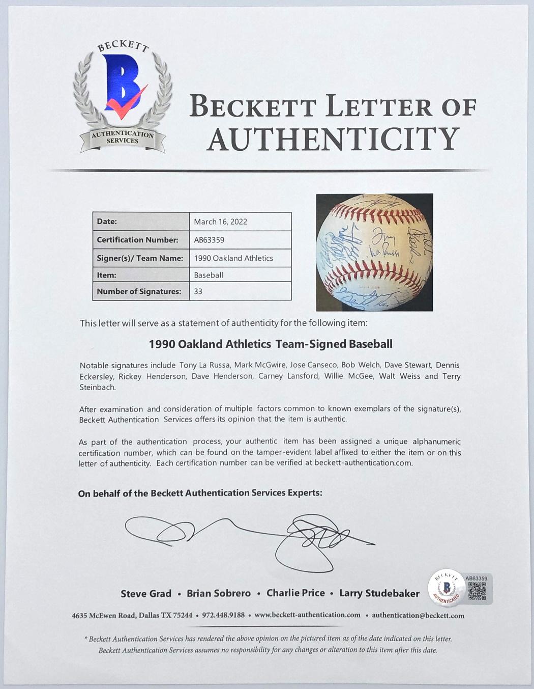 1990 Athletics World Series Logo Baseball Team-Signed by (33) with Tony La Russa, Mark McGwire, Jose Canseco, Rickey Henderson (Beckett) at PristineAuction.com 1990 Athletics World Series Logo Baseball Team-Signed by (33) with Tony La Russa, Mark McGwire, Jose Canseco, Rickey Henderson (Beckett) at PristineAuction.com