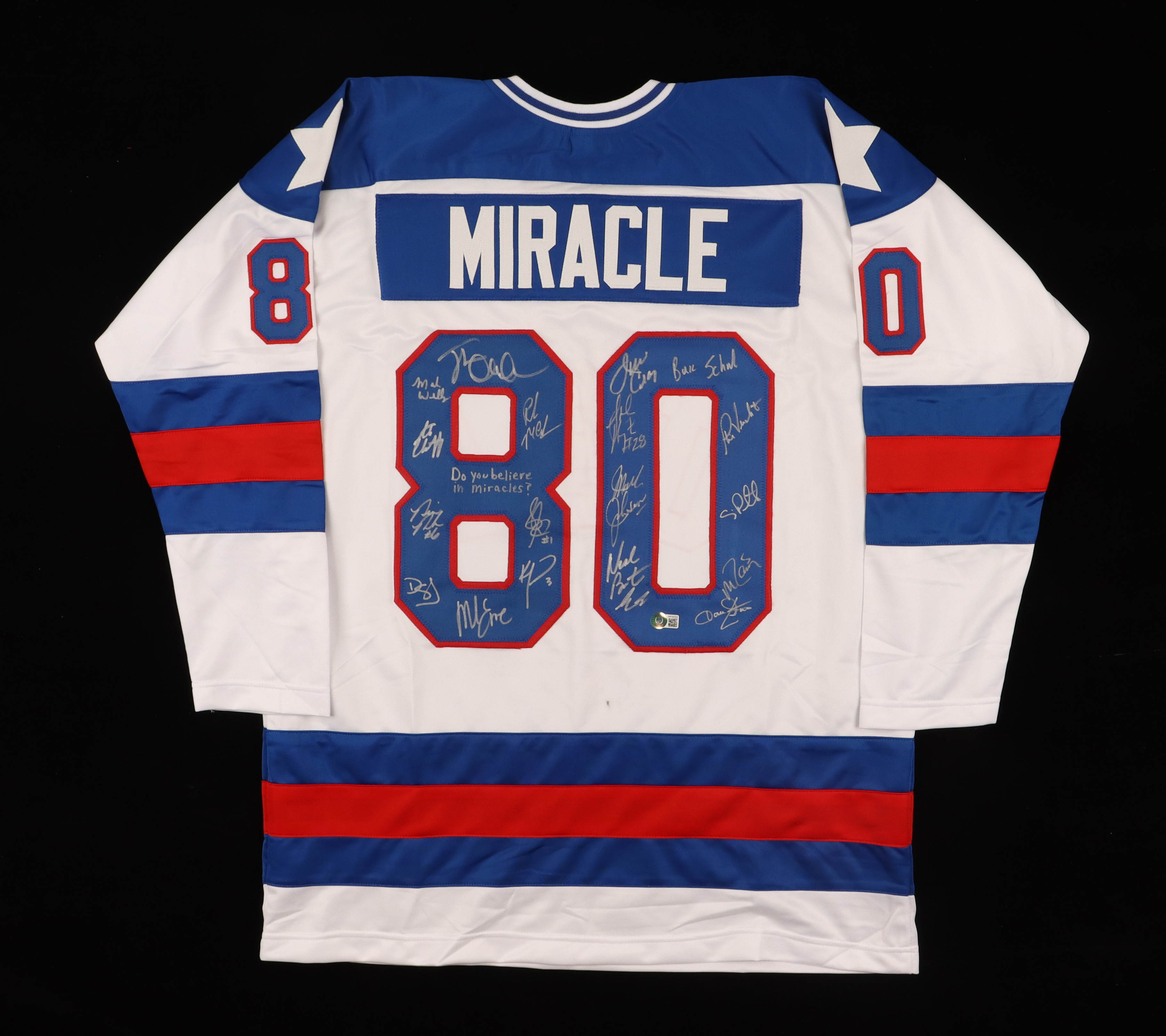 1980 USA "Miracle On Ice" Team-Signed Jersey by (19) with Jim Craig, Buzz Schneider, Mark Johnson, Neal Broten, Dave Silk Inscribed "Do You Believe in Miracles?" (Beckett) at PristineAuction.com 1980 USA "Miracle On Ice" Team-Signed Jersey by (19) with Jim Craig, Buzz Schneider, Mark Johnson, Neal Broten, Dave Silk Inscribed "Do You Believe in Miracles?" (Beckett) at PristineAuction.com