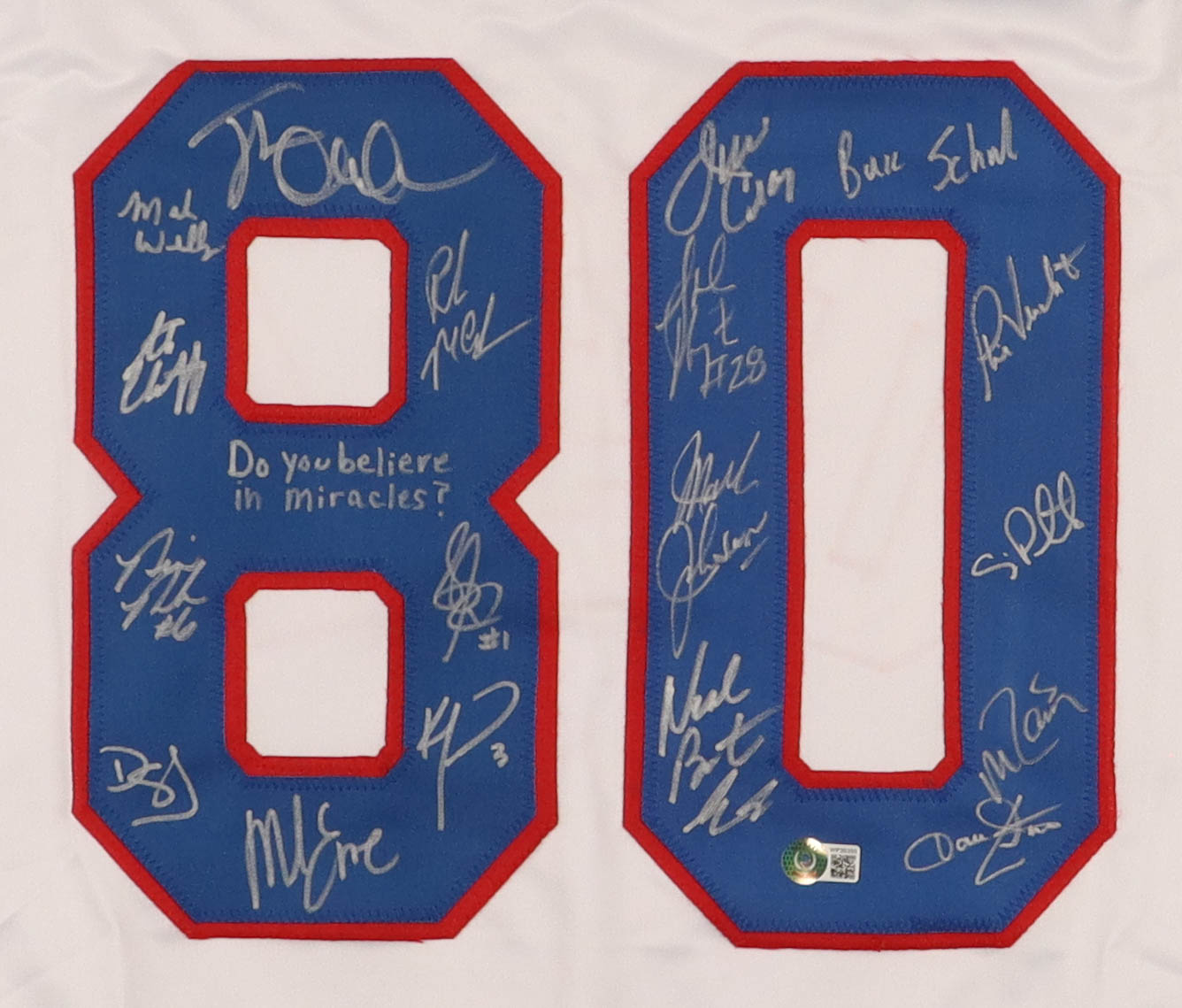 1980 USA "Miracle On Ice" Team-Signed Jersey by (19) with Jim Craig, Buzz Schneider, Mark Johnson, Neal Broten, Dave Silk Inscribed "Do You Believe in Miracles?" (Beckett) at PristineAuction.com 1980 USA "Miracle On Ice" Team-Signed Jersey by (19) with Jim Craig, Buzz Schneider, Mark Johnson, Neal Broten, Dave Silk Inscribed "Do You Believe in Miracles?" (Beckett) at PristineAuction.com