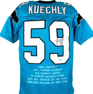 Luke Kuechly Signed Career Highlight Stat Jersey (Beckett) at PristineAuction.com Luke Kuechly Signed Career Highlight Stat Jersey (Beckett) at PristineAuction.com