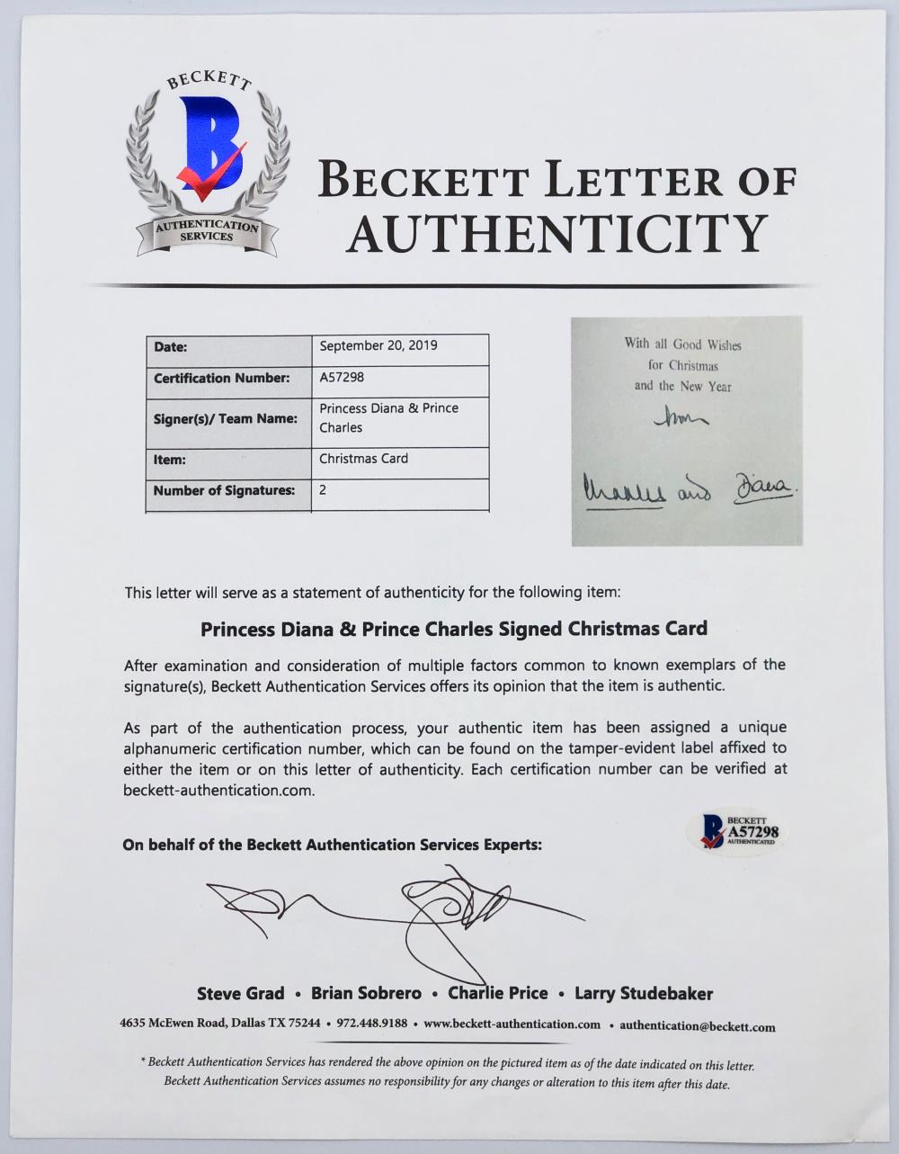 Princess Diana Spencer & Prince Charles Signed Buckingham Palace Christmas Card Inscribed "From" with Original Envelope (Beckett) at PristineAuction.com Princess Diana Spencer & Prince Charles Signed Buckingham Palace Christmas Card Inscribed "From" with Original Envelope (Beckett) at PristineAuction.com