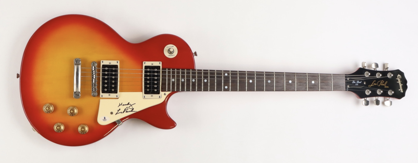 Les Paul Signed Epiphone Les Paul 100 Sunburst 39" Electric Guitar Inscribed "Howdy" (Beckett) at PristineAuction.com Les Paul Signed Epiphone Les Paul 100 Sunburst 39" Electric Guitar Inscribed "Howdy" (Beckett) at PristineAuction.com