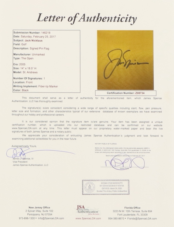 Jack Nicklaus Signed 2005 The Open Championship St. Andrews Golf Pin Flag (JSA) at PristineAuction.com Jack Nicklaus Signed 2005 The Open Championship St. Andrews Golf Pin Flag (JSA) at PristineAuction.com