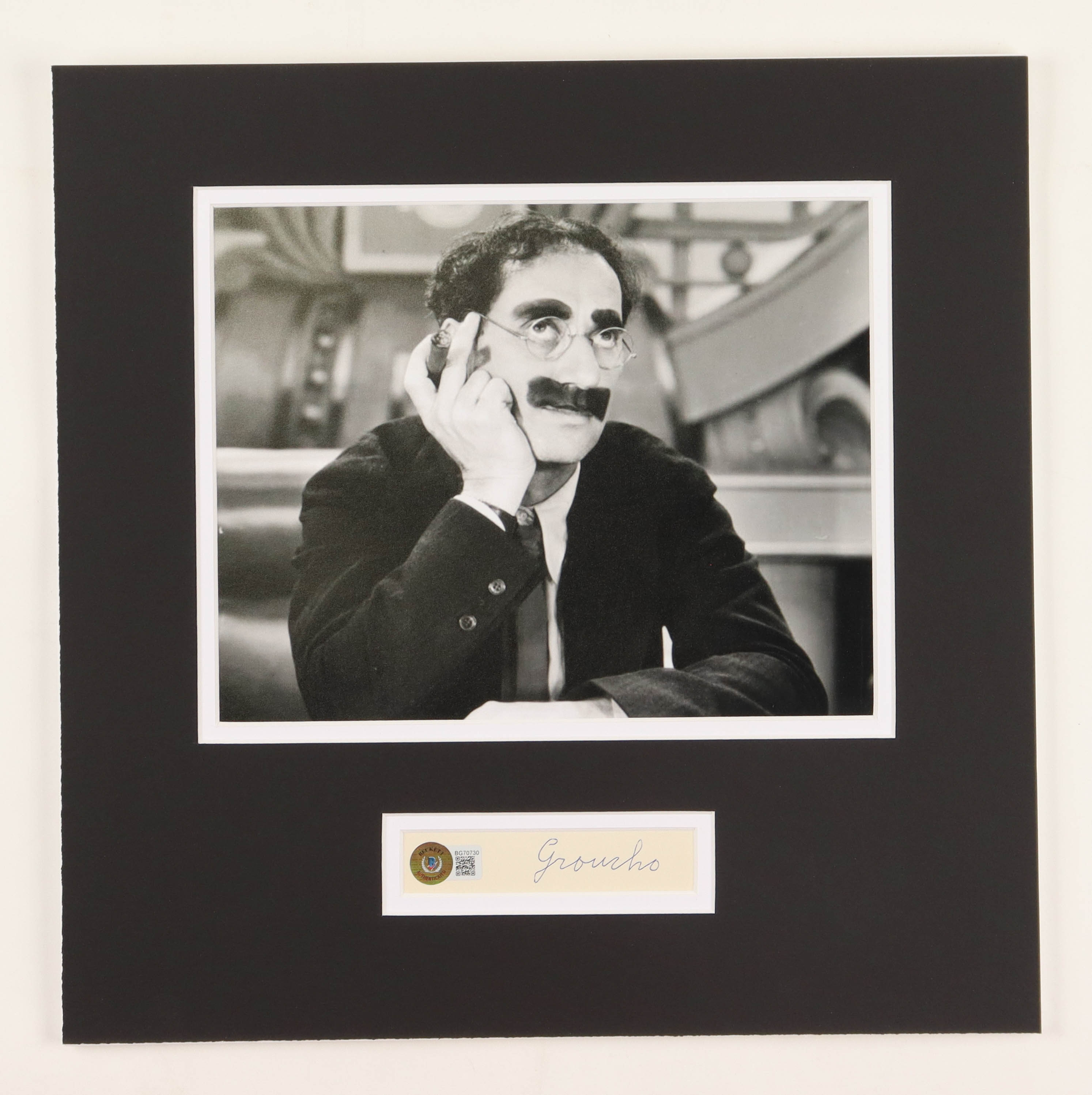 Groucho Marx Signed 14x14 Custom Matted Cut Display (Beckett) at PristineAuction.com Groucho Marx Signed 14x14 Custom Matted Cut Display (Beckett) at PristineAuction.com