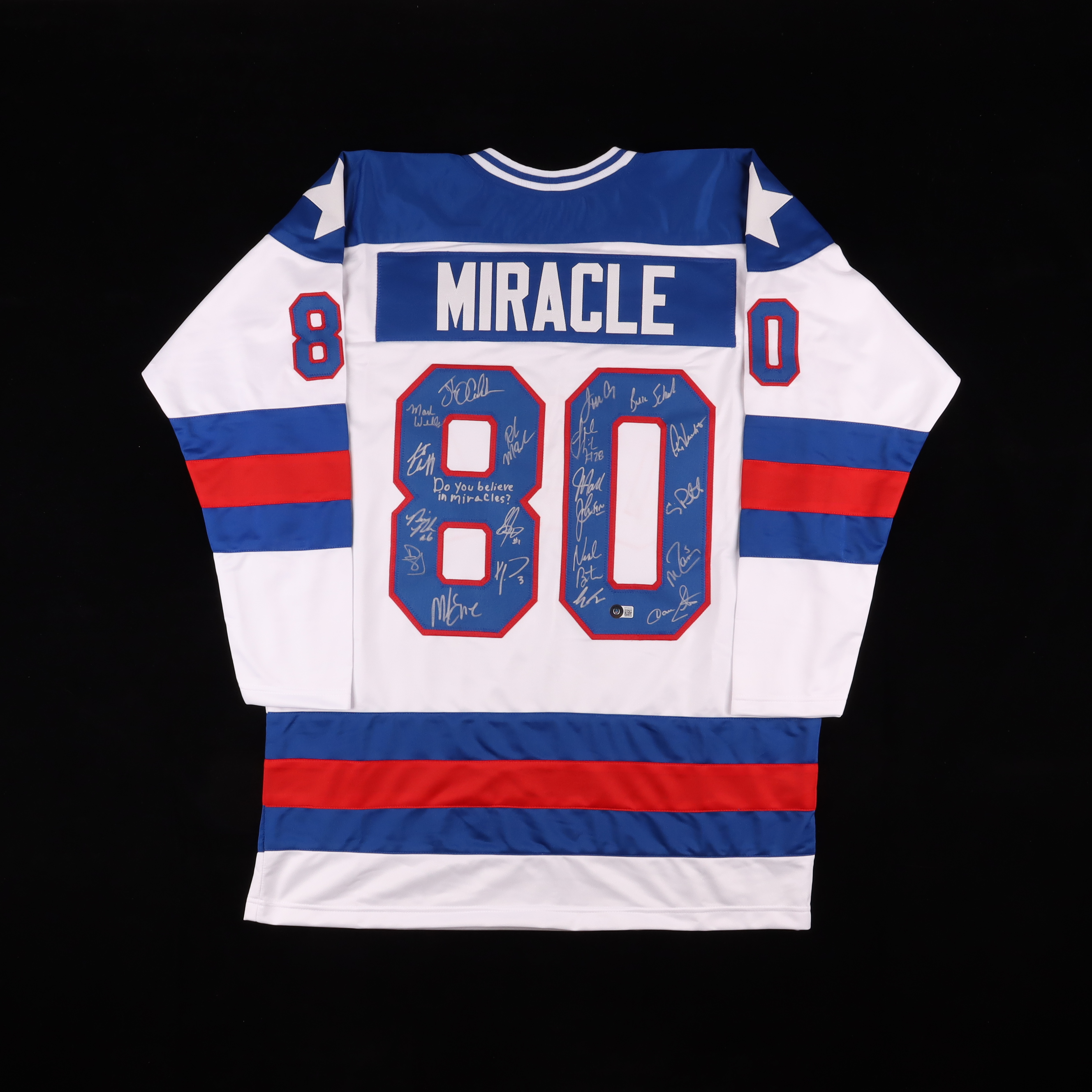 1980 Team USA Hockey "Miracle on Ice" Jersey Signed by (19) with Mike Eruzione, Jim Craig, Ken Morrow, Buzz Schneider Inscribed "Do You Believe In Miracles?" (Beckett) at PristineAuction.com 1980 Team USA Hockey "Miracle on Ice" Jersey Signed by (19) with Mike Eruzione, Jim Craig, Ken Morrow, Buzz Schneider Inscribed "Do You Believe In Miracles?" (Beckett) at PristineAuction.com