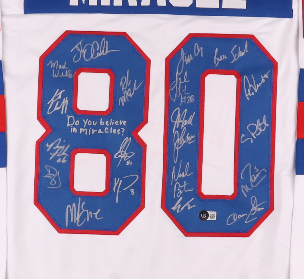 1980 Team USA Hockey "Miracle on Ice" Jersey Signed by (19) with Mike Eruzione, Jim Craig, Ken Morrow, Buzz Schneider Inscribed "Do You Believe In Miracles?" (Beckett) at PristineAuction.com 1980 Team USA Hockey "Miracle on Ice" Jersey Signed by (19) with Mike Eruzione, Jim Craig, Ken Morrow, Buzz Schneider Inscribed "Do You Believe In Miracles?" (Beckett) at PristineAuction.com