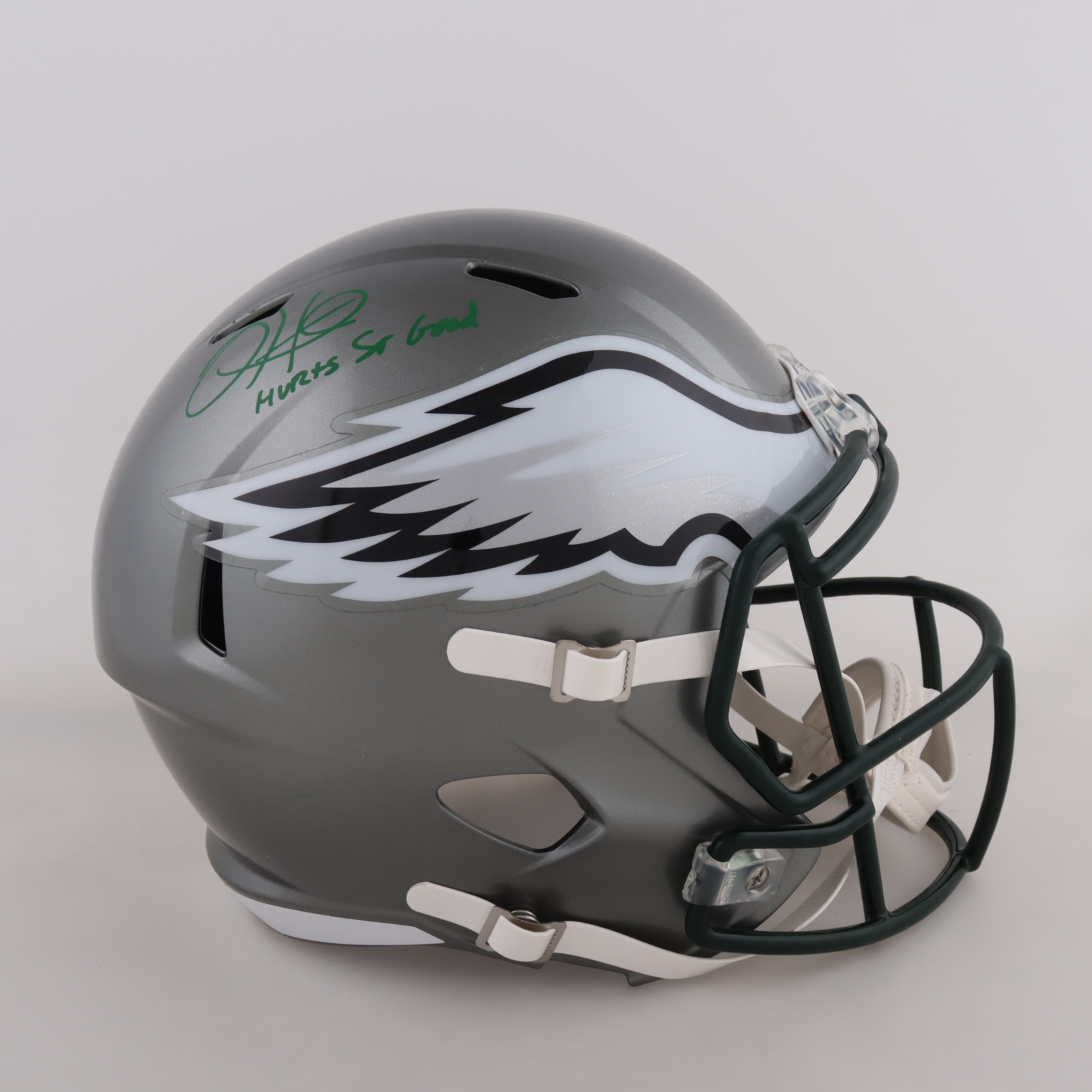 Jalen Hurts Signed Eagles Full-Size Flash Alternate Speed Helmet Inscribed "Hurts So Good" (JSA) at PristineAuction.com Jalen Hurts Signed Eagles Full-Size Flash Alternate Speed Helmet Inscribed "Hurts So Good" (JSA) at PristineAuction.com