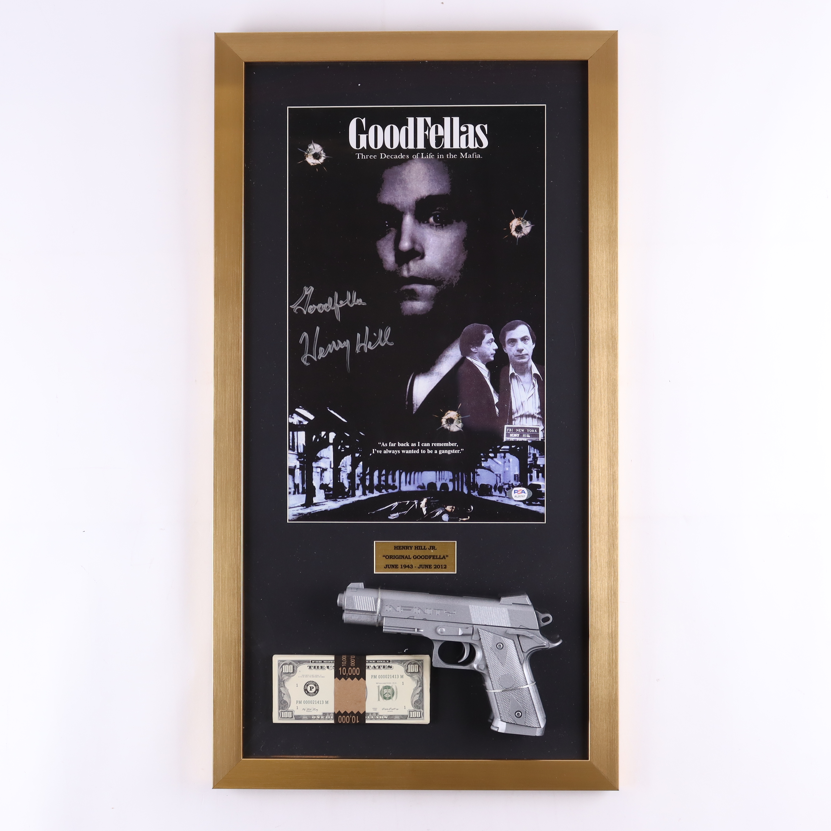 Henry Hill Signed "The Goodfellas" Custom Framed Photo Display Inscribed "Goodfella" with Movie Prop Gun & Money (PSA) at PristineAuction.com Henry Hill Signed "The Goodfellas" Custom Framed Photo Display Inscribed "Goodfella" with Movie Prop Gun & Money (PSA) at PristineAuction.com