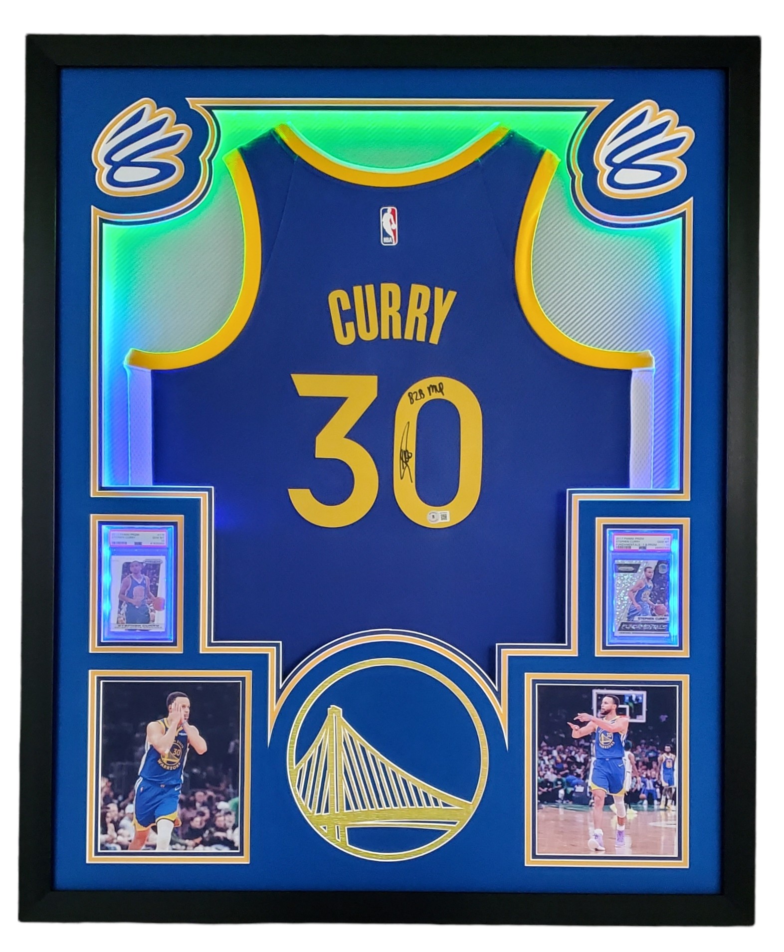 Steph Curry Signed Custom Framed LED Backlit Jersey Display Inscribed "B2B MVP" with 2013-14 Panini Prizm #176 (PSA 10) & 2017-18 Panini Prizm Fundamentals Prizms Fast Break #16 (PSA 10) (Beckett) at PristineAuction.com Steph Curry Signed Custom Framed LED Backlit Jersey Display Inscribed "B2B MVP" with 2013-14 Panini Prizm #176 (PSA 10) & 2017-18 Panini Prizm Fundamentals Prizms Fast Break #16 (PSA 10) (Beckett) at PristineAuction.com