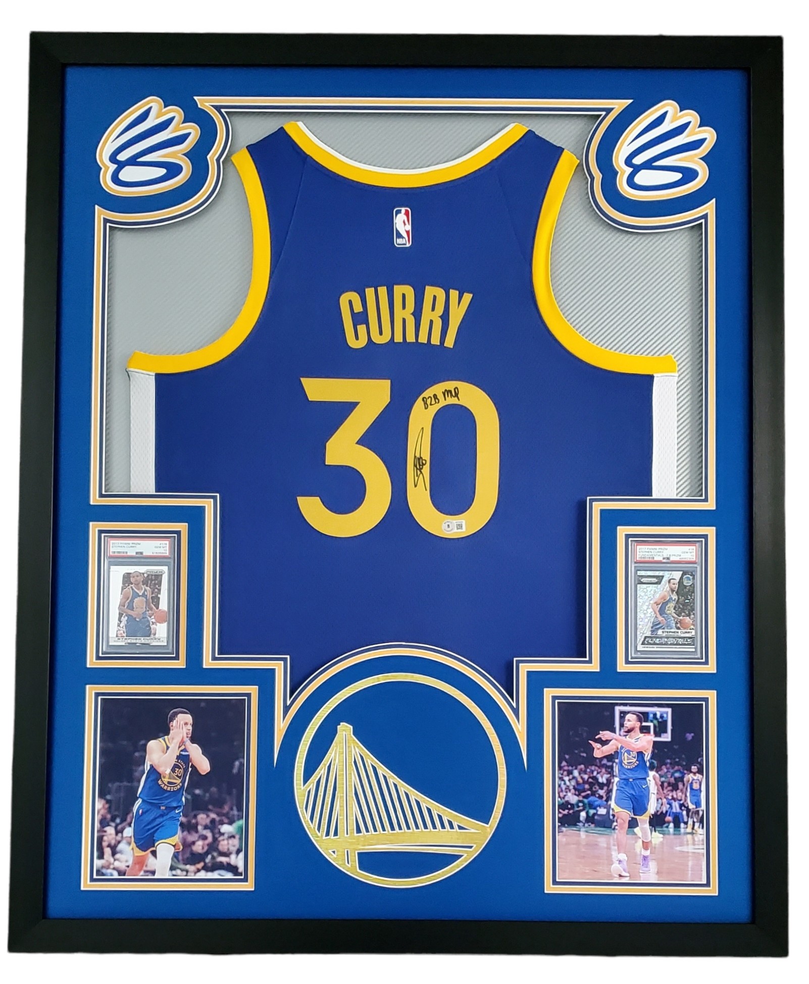 Steph Curry Signed Custom Framed LED Backlit Jersey Display Inscribed "B2B MVP" with 2013-14 Panini Prizm #176 (PSA 10) & 2017-18 Panini Prizm Fundamentals Prizms Fast Break #16 (PSA 10) (Beckett) at PristineAuction.com Steph Curry Signed Custom Framed LED Backlit Jersey Display Inscribed "B2B MVP" with 2013-14 Panini Prizm #176 (PSA 10) & 2017-18 Panini Prizm Fundamentals Prizms Fast Break #16 (PSA 10) (Beckett) at PristineAuction.com