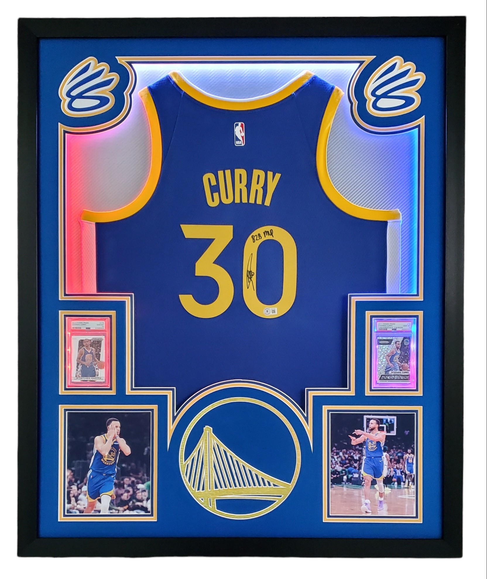 Steph Curry Signed Custom Framed LED Backlit Jersey Display Inscribed "B2B MVP" with 2013-14 Panini Prizm #176 (PSA 10) & 2017-18 Panini Prizm Fundamentals Prizms Fast Break #16 (PSA 10) (Beckett) at PristineAuction.com Steph Curry Signed Custom Framed LED Backlit Jersey Display Inscribed "B2B MVP" with 2013-14 Panini Prizm #176 (PSA 10) & 2017-18 Panini Prizm Fundamentals Prizms Fast Break #16 (PSA 10) (Beckett) at PristineAuction.com