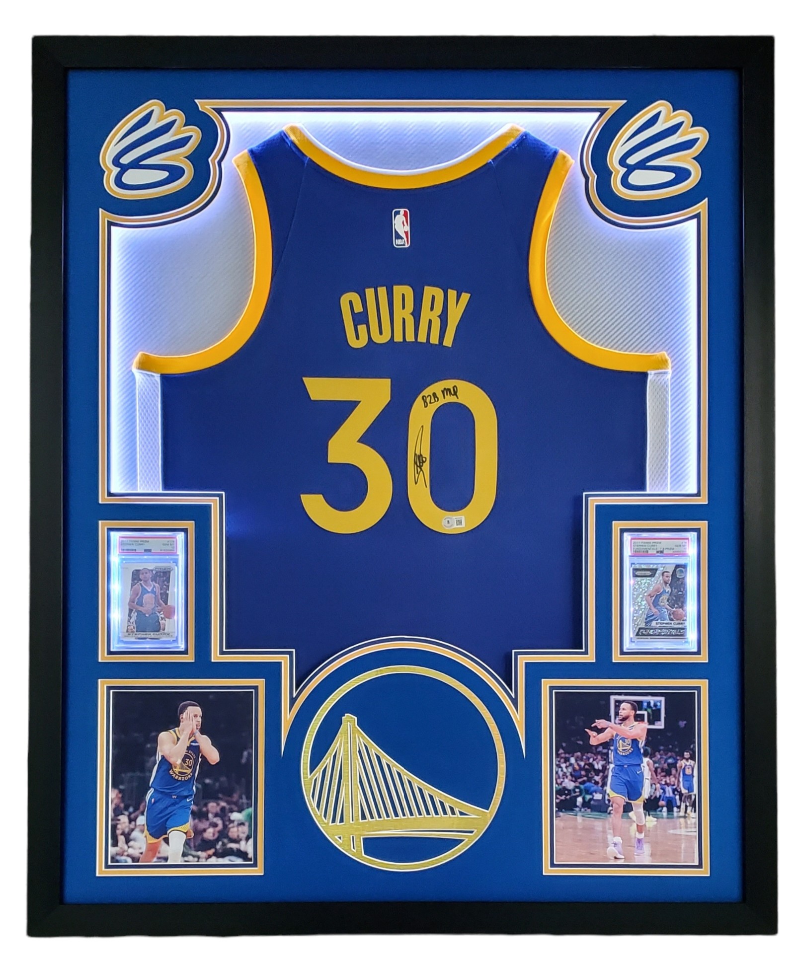 Steph Curry Signed Custom Framed LED Backlit Jersey Display Inscribed "B2B MVP" with 2013-14 Panini Prizm #176 (PSA 10) & 2017-18 Panini Prizm Fundamentals Prizms Fast Break #16 (PSA 10) (Beckett) at PristineAuction.com Steph Curry Signed Custom Framed LED Backlit Jersey Display Inscribed "B2B MVP" with 2013-14 Panini Prizm #176 (PSA 10) & 2017-18 Panini Prizm Fundamentals Prizms Fast Break #16 (PSA 10) (Beckett) at PristineAuction.com
