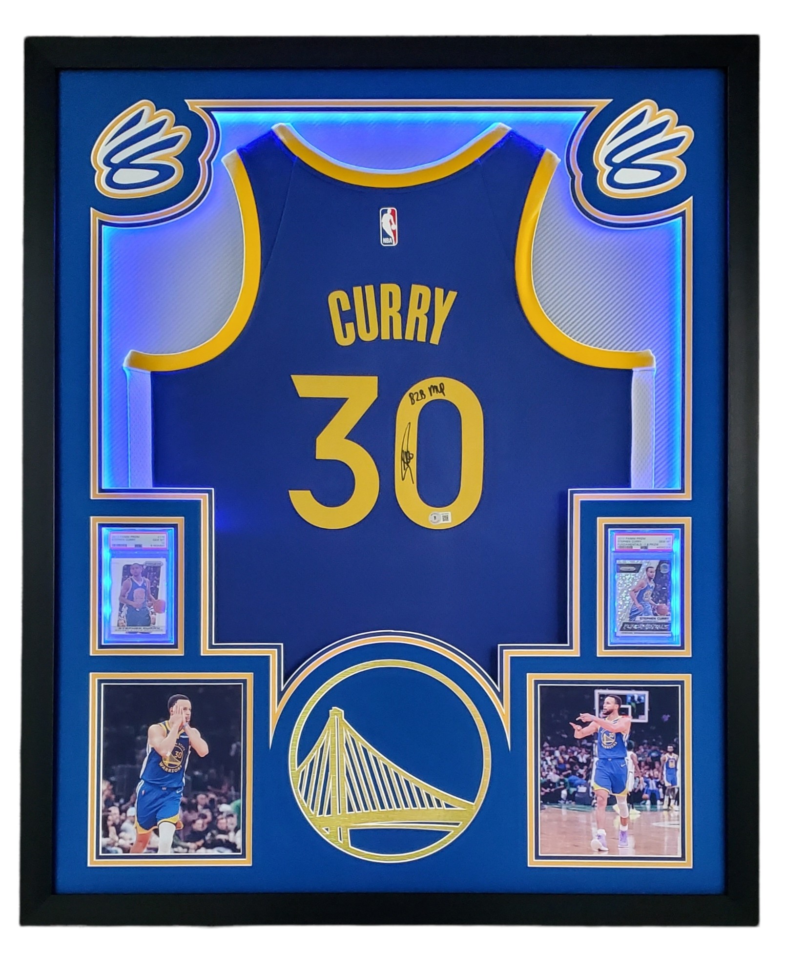 Steph Curry Signed Custom Framed LED Backlit Jersey Display Inscribed "B2B MVP" with 2013-14 Panini Prizm #176 (PSA 10) & 2017-18 Panini Prizm Fundamentals Prizms Fast Break #16 (PSA 10) (Beckett) at PristineAuction.com Steph Curry Signed Custom Framed LED Backlit Jersey Display Inscribed "B2B MVP" with 2013-14 Panini Prizm #176 (PSA 10) & 2017-18 Panini Prizm Fundamentals Prizms Fast Break #16 (PSA 10) (Beckett) at PristineAuction.com