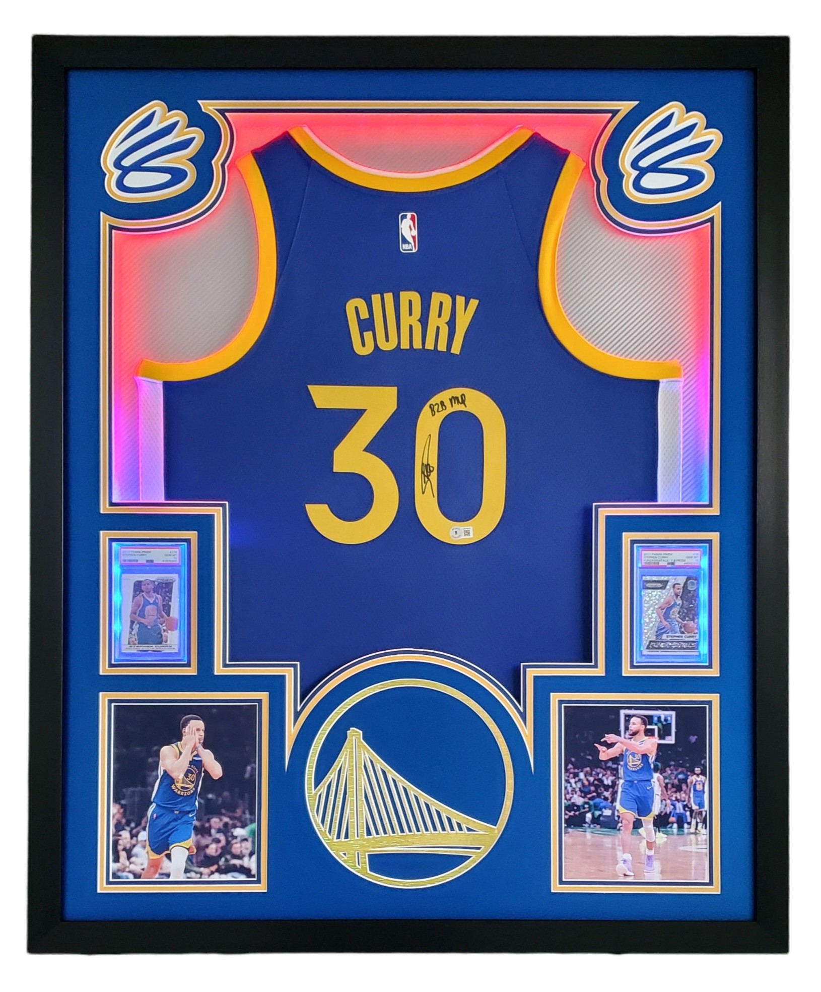 Steph Curry Signed Custom Framed LED Backlit Jersey Display Inscribed "B2B MVP" with 2013-14 Panini Prizm #176 (PSA 10) & 2017-18 Panini Prizm Fundamentals Prizms Fast Break #16 (PSA 10) (Beckett) at PristineAuction.com Steph Curry Signed Custom Framed LED Backlit Jersey Display Inscribed "B2B MVP" with 2013-14 Panini Prizm #176 (PSA 10) & 2017-18 Panini Prizm Fundamentals Prizms Fast Break #16 (PSA 10) (Beckett) at PristineAuction.com