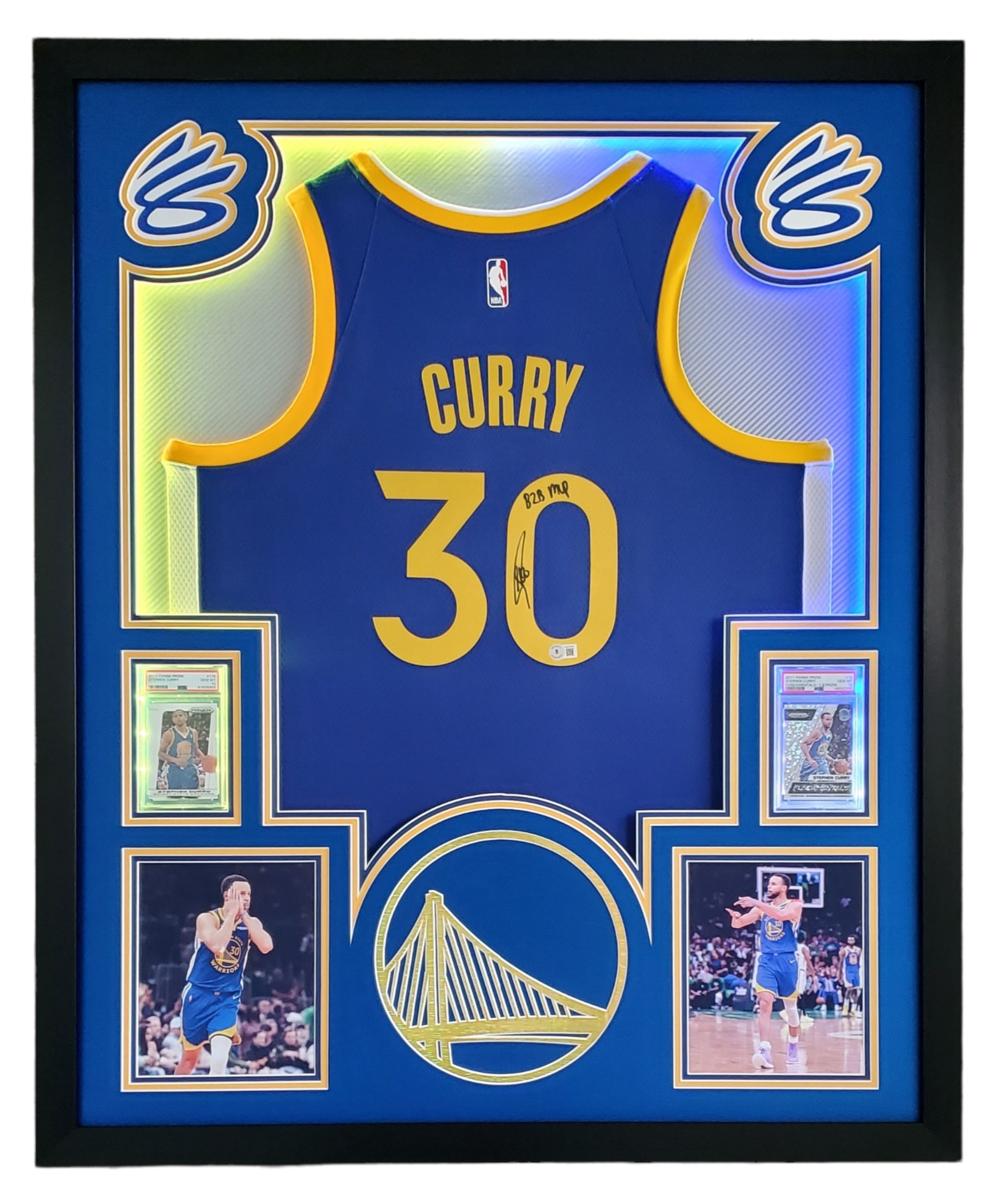 Steph Curry Signed Custom Framed LED Backlit Jersey Display Inscribed "B2B MVP" with 2013-14 Panini Prizm #176 (PSA 10) & 2017-18 Panini Prizm Fundamentals Prizms Fast Break #16 (PSA 10) (Beckett) at PristineAuction.com Steph Curry Signed Custom Framed LED Backlit Jersey Display Inscribed "B2B MVP" with 2013-14 Panini Prizm #176 (PSA 10) & 2017-18 Panini Prizm Fundamentals Prizms Fast Break #16 (PSA 10) (Beckett) at PristineAuction.com